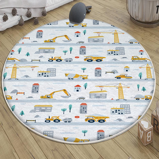 Round Road Construction Vehicles Kids Room Rug-Crane Bulldozer Excavator Mat-Heavy Equipment Playmat-Nursery Carpet with pillow case gift