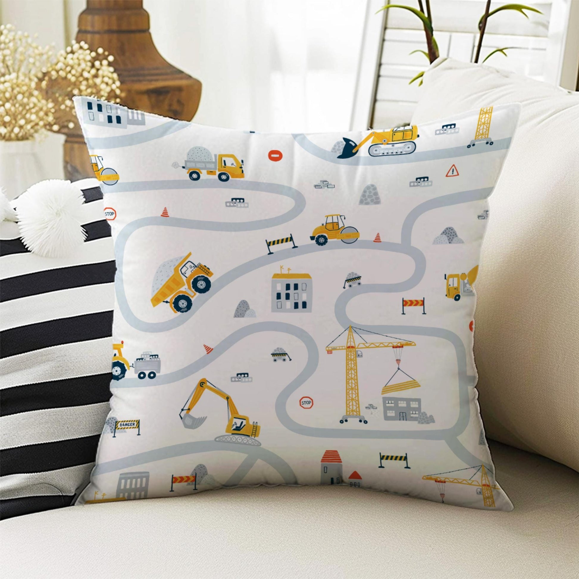 Kids Room Decor Construction Equipment Road Play Pillow Covers, Bold Nursery Cushion & Decorative Children Throw Pillowcases for Playroom