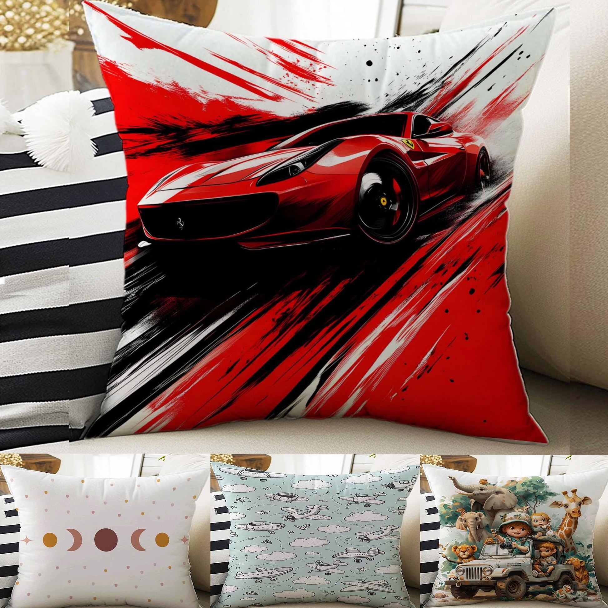 Kids Room Decor Car Plane Safari Boho Pillow Covers, Bold Nursery Cushion & Decorative Children Throw Pillowcases for Playroom