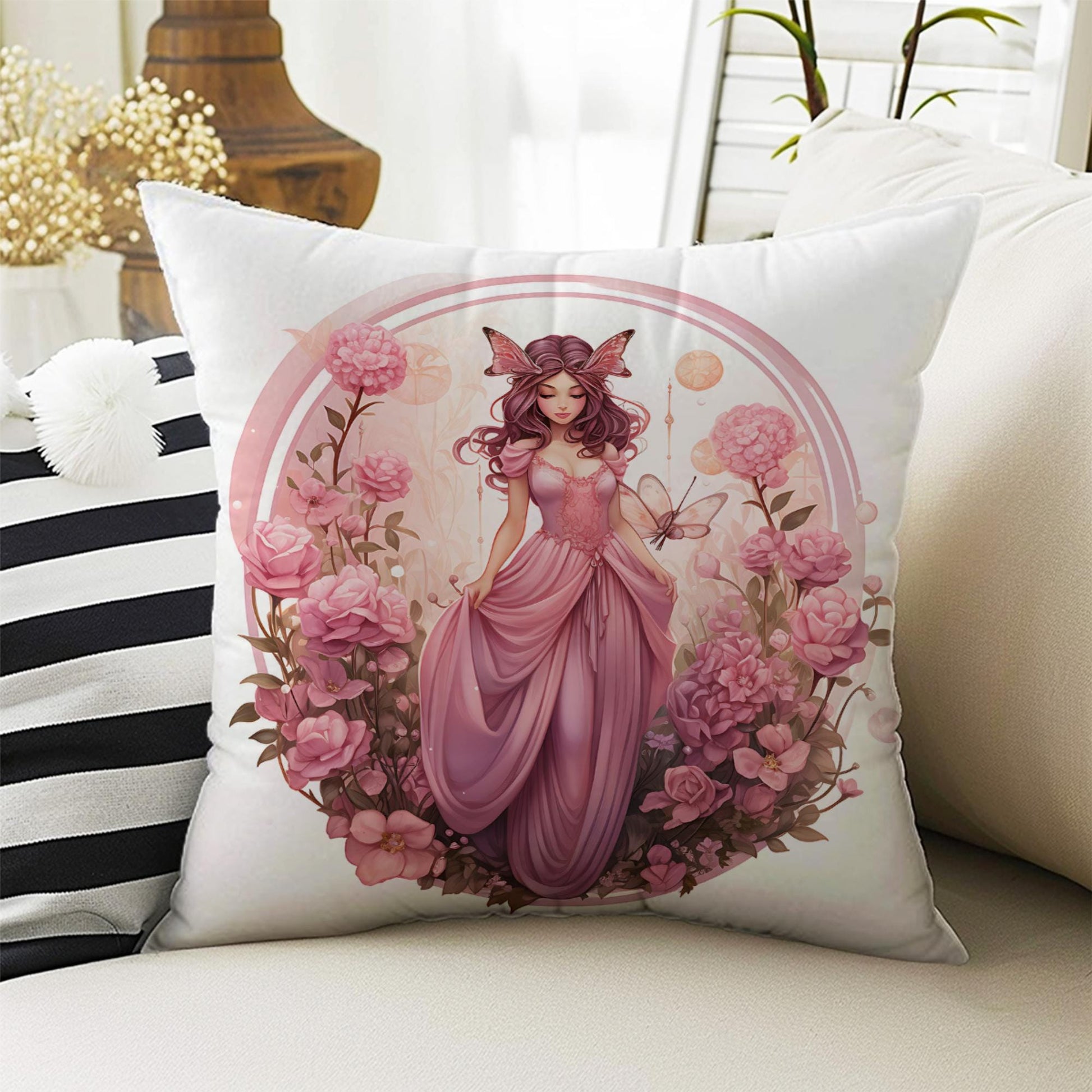 Kids Room Decor Fairy Pink Princess Girls Pillow Covers, Bold Nursery Cushion & Decorative Children Throw Pillowcases for Playroom