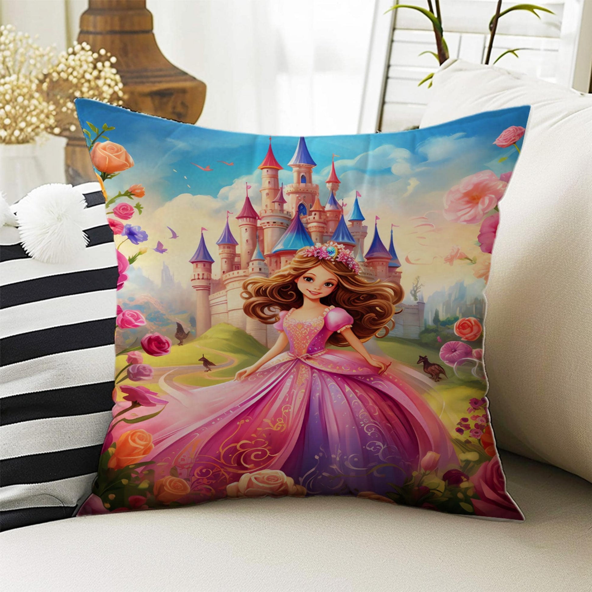 Kids Room Decor Fairy Pink Princess Girls Pillow Covers, Bold Nursery Cushion & Decorative Children Throw Pillowcases for Playroom