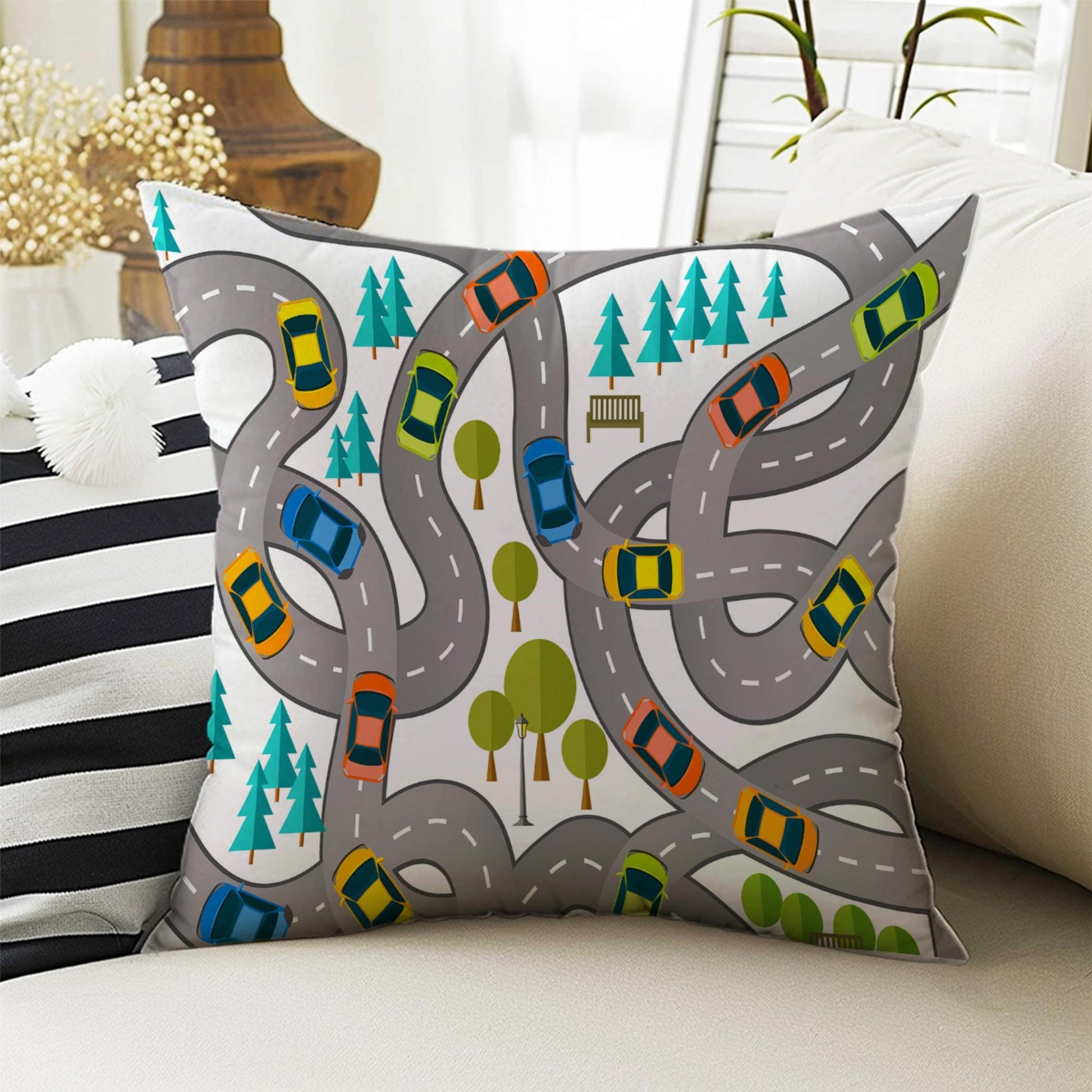Kids Room DecorCar Play Road City Pillow Covers, Bold Nursery Cushion & Decorative Children Throw Pillowcases for Playroom