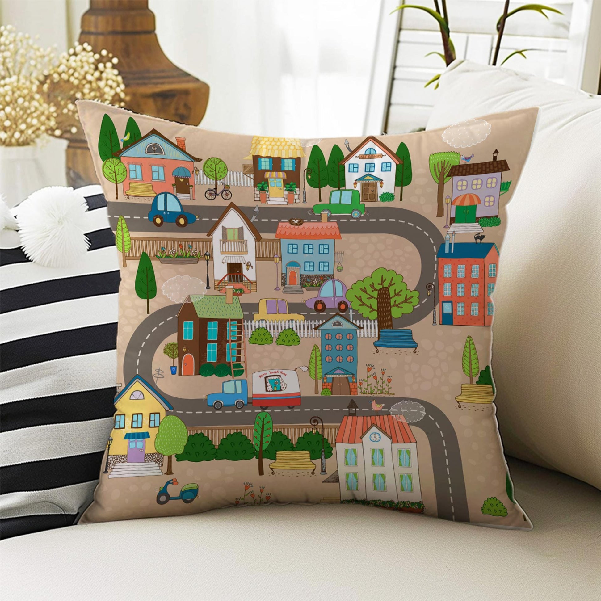 Kids Room DecorCar Play Road City Pillow Covers, Bold Nursery Cushion & Decorative Children Throw Pillowcases for Playroom