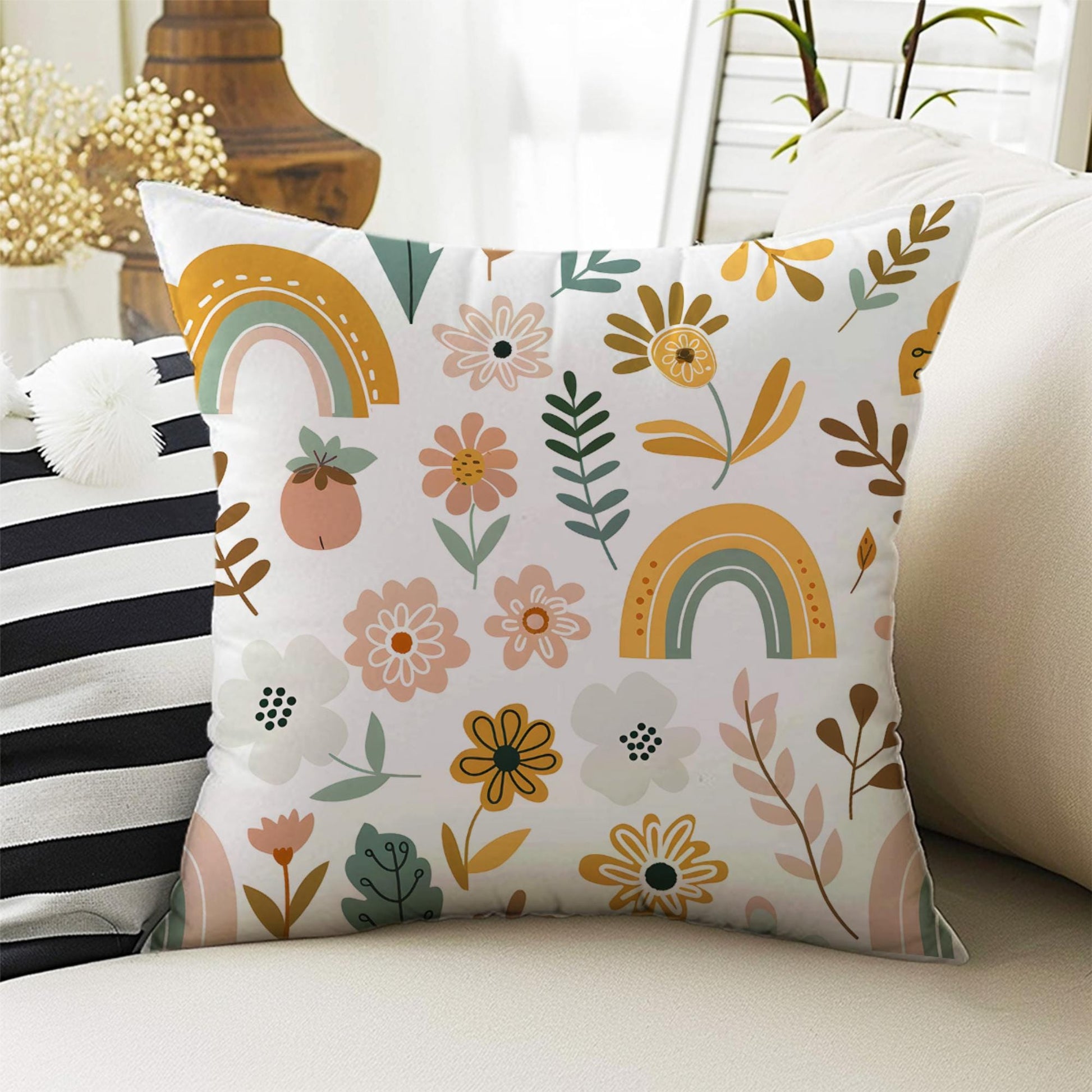 Kids Room Decor Colorful Pink Rainbow Clouds Pillow Covers, Bold Nursery Cushion & Decorative Children Throw Pillowcases for Playroom