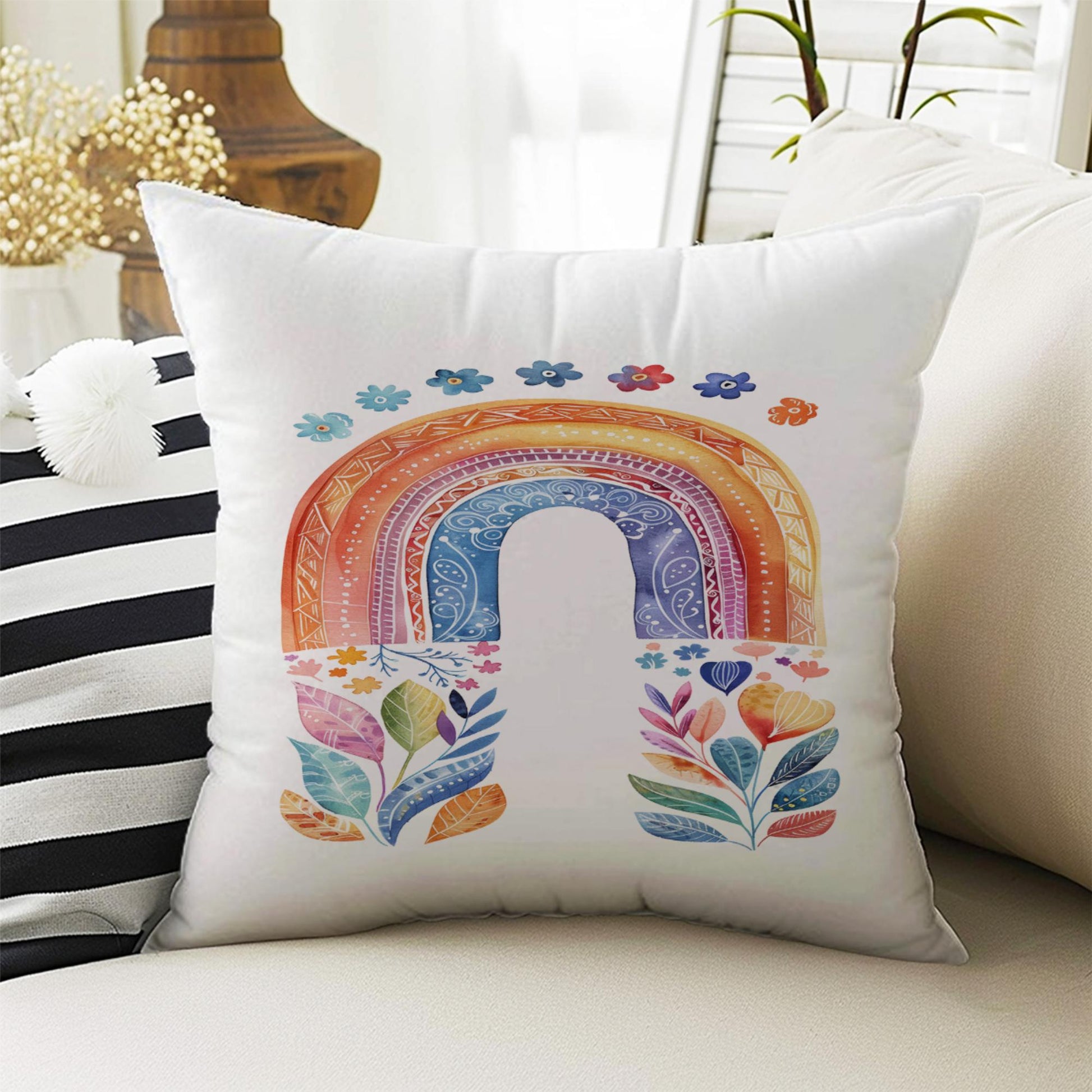 Kids Room Decor Colorful Pink Rainbow Clouds Pillow Covers, Bold Nursery Cushion & Decorative Children Throw Pillowcases for Playroom