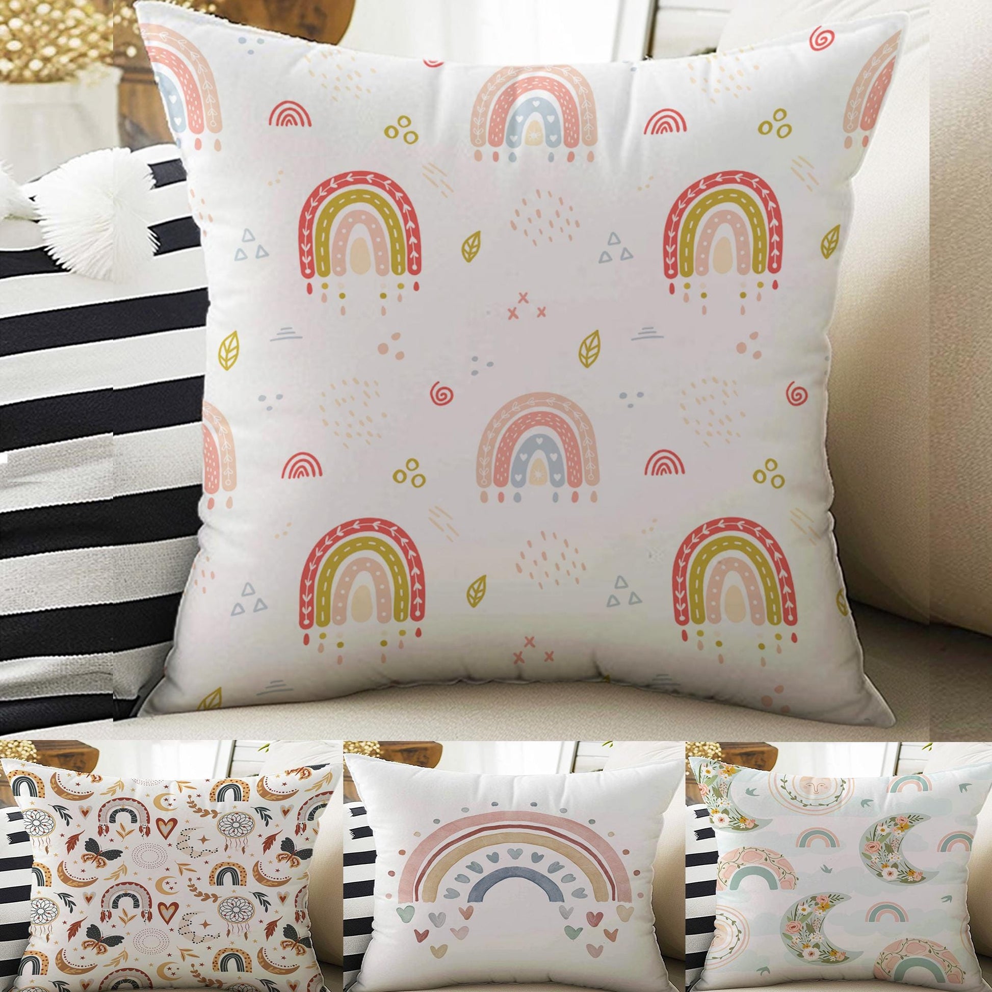 Kids Room Decor Boho Colorful Pink Rainbow Clouds Pillow Covers, Bold Nursery Cushion & Decorative Children Throw Pillowcases for Playroom