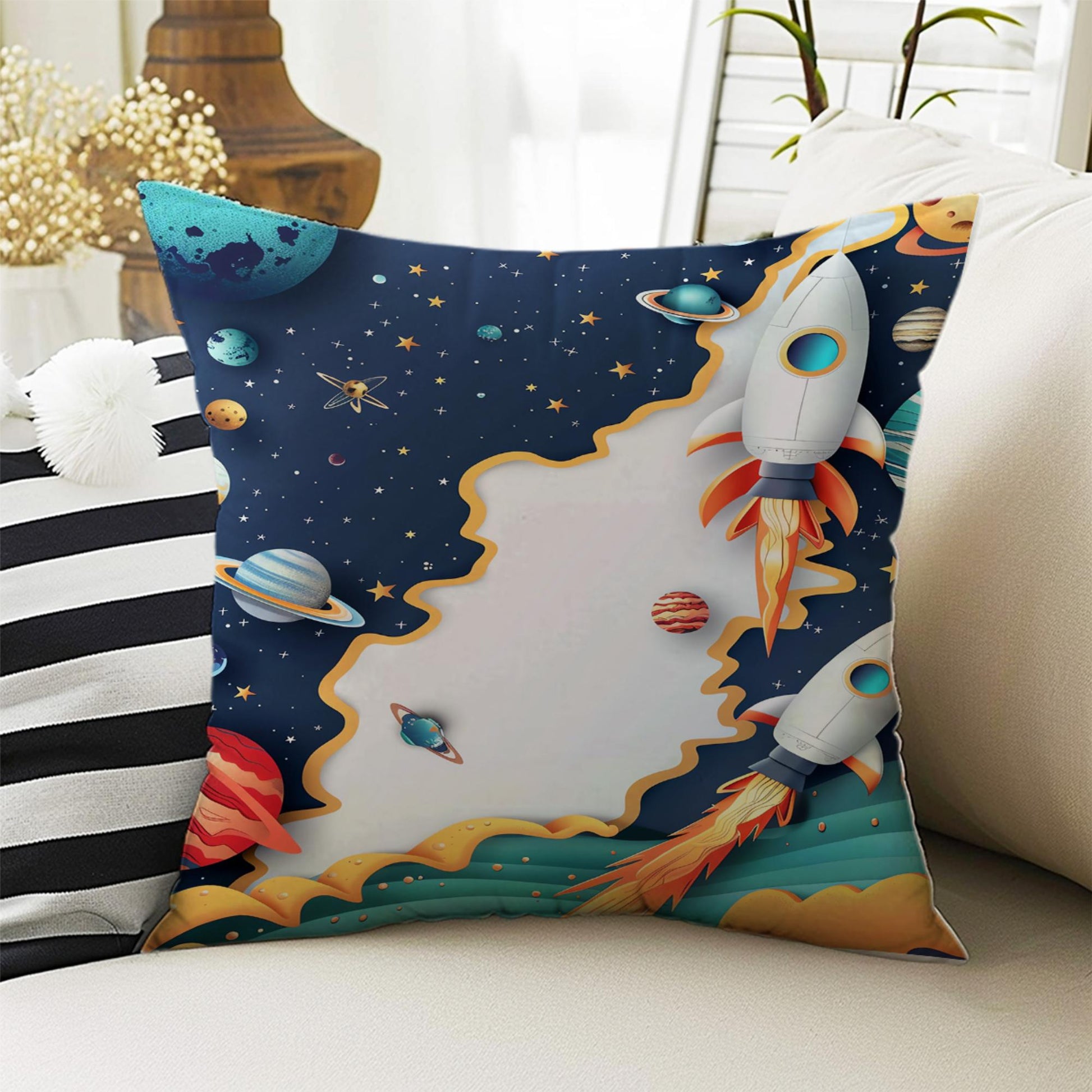Kids Room Decor Galaxy Space Planets Rocket Pillow Covers, Bold Nursery Cushion & Decorative Children Throw Pillowcases for Playroom