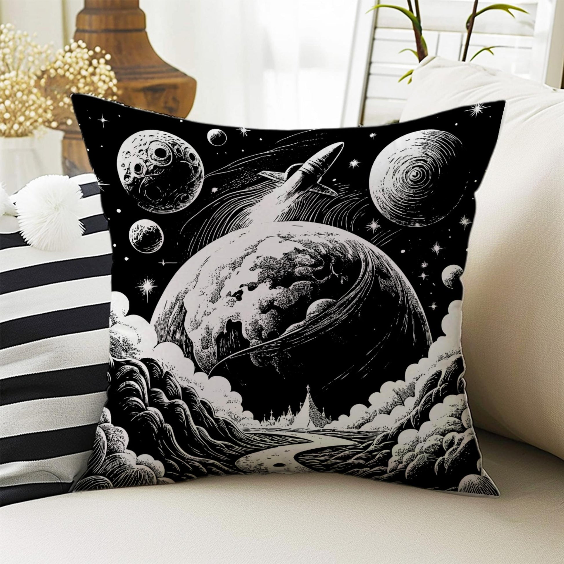 Kids Room Decor Galaxy Space Planets Rocket Pillow Covers, Bold Nursery Cushion & Decorative Children Throw Pillowcases for Playroom