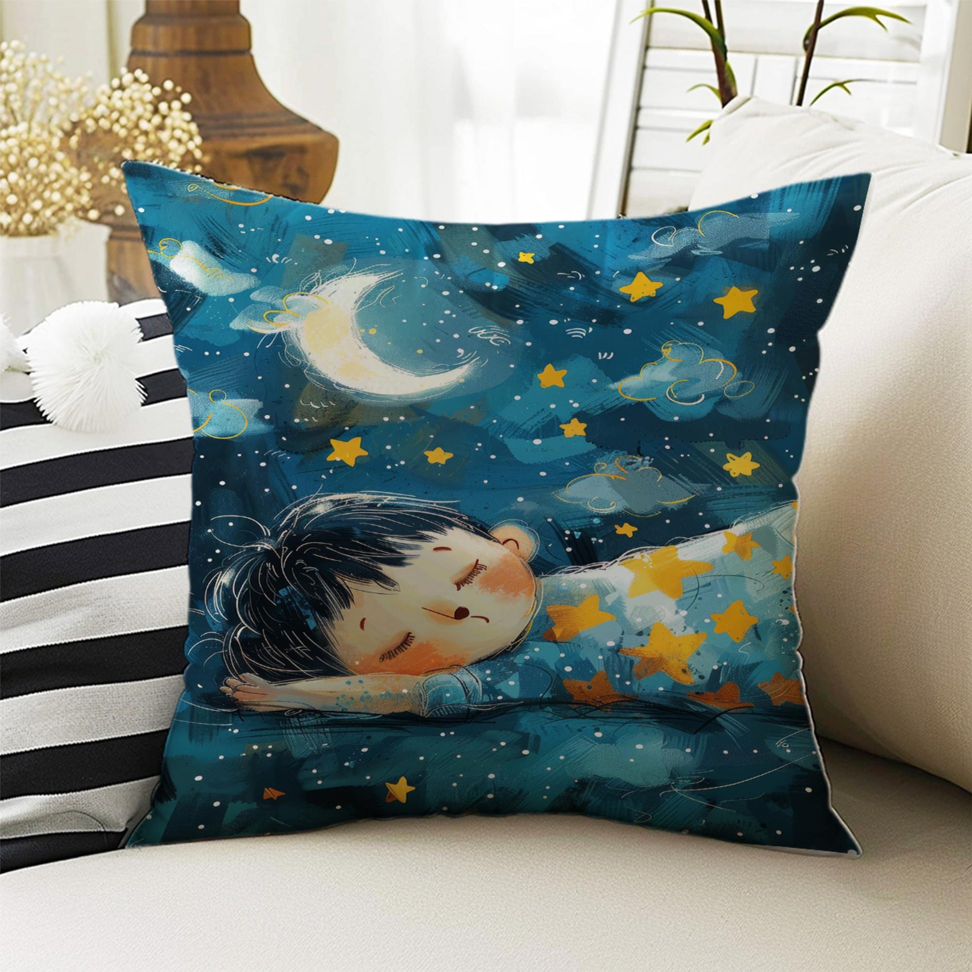 Kids Room Decor Cute Lamb Sheep Moon Star Pillow Covers, Bold Nursery Cushion & Decorative Children Throw Pillowcases for Playroom