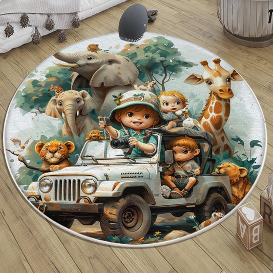 Round Safari Animal Nursery Room Rug, Cute Animals Rug Gift For Kids, Baby Shower Rug, Baby Gift, Nursery Decor with pillow case gift