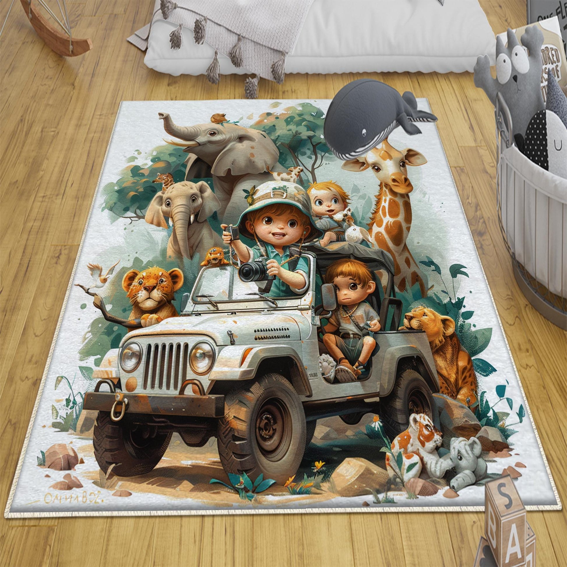 Round Safari Animal Nursery Room Rug, Cute Animals Rug Gift For Kids, Baby Shower Rug, Baby Gift, Nursery Decor with pillow case gift