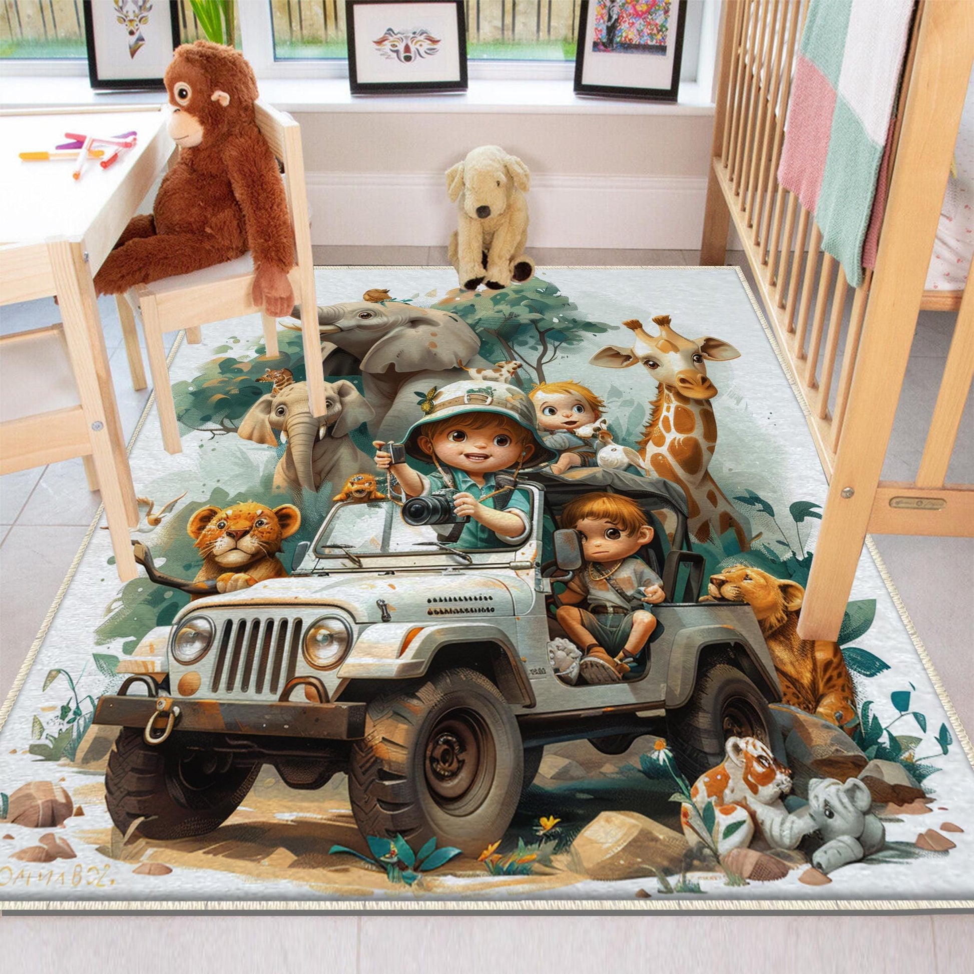 Round Safari Animal Nursery Room Rug, Cute Animals Rug Gift For Kids, Baby Shower Rug, Baby Gift, Nursery Decor with pillow case gift