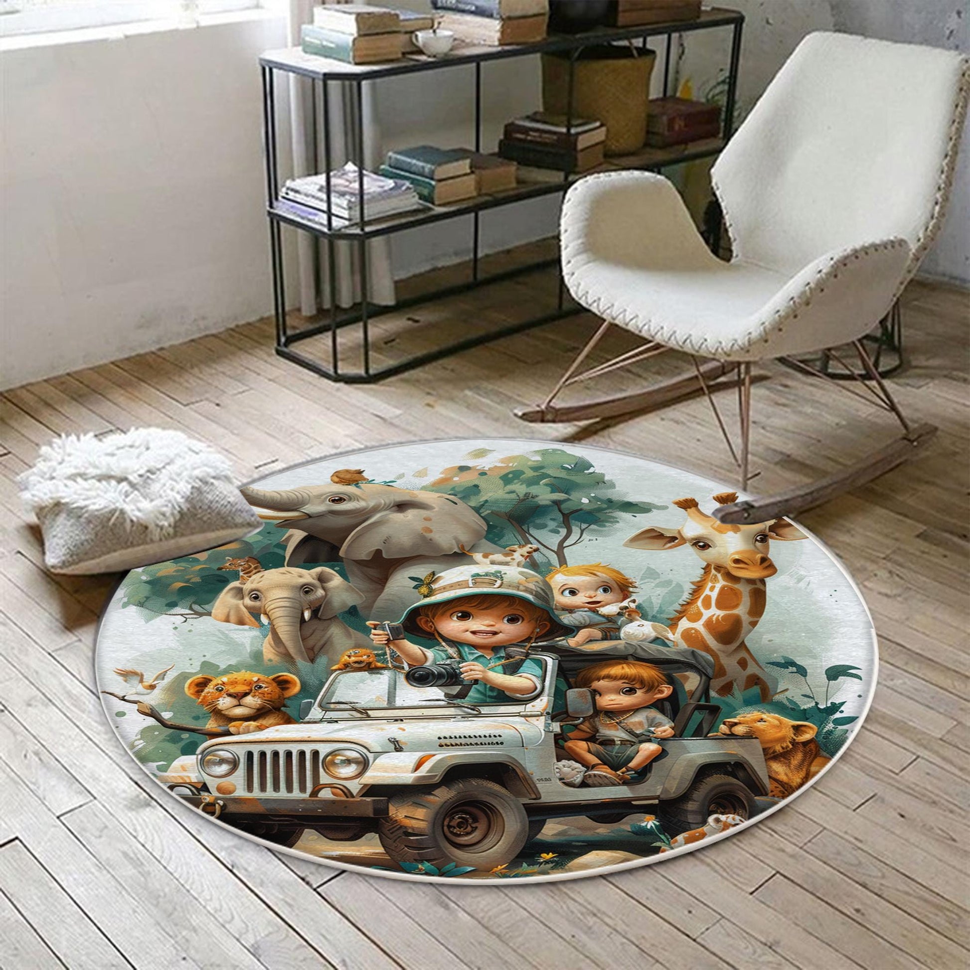 Round Safari Animal Nursery Room Rug, Cute Animals Rug Gift For Kids, Baby Shower Rug, Baby Gift, Nursery Decor with pillow case gift