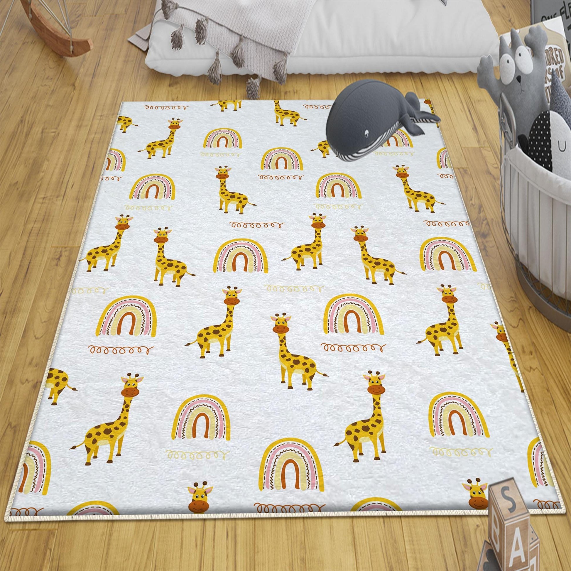 Round Safari Animal Giraffe Rainbow Nursery Rug, Cute Animals Rug Gift For Kids, Baby Shower Rug, Nursery Room Decor with pillow case gift