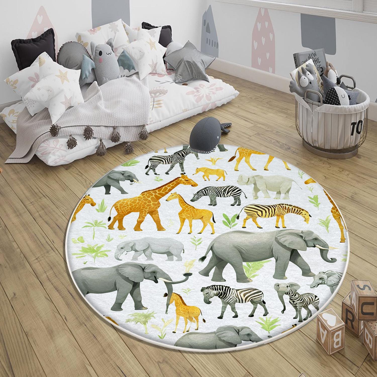 Round Safari Giraffe Zebra Elephant Nursery Rug|Cute Animal Rug Gift For Kids|Baby Shower Rug|Baby Gift Nursery Decor with pillow case gift