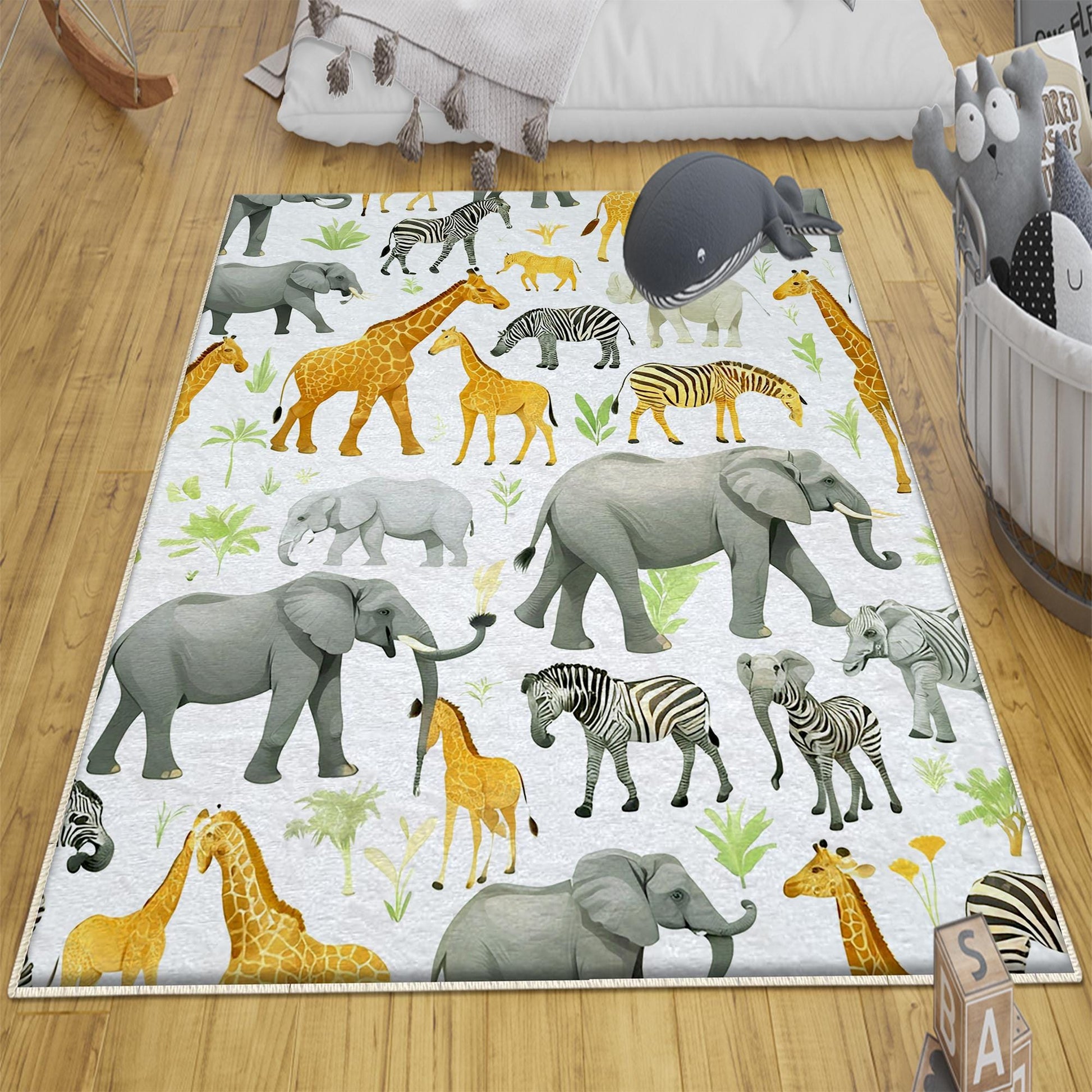 Round Safari Giraffe Zebra Elephant Nursery Rug|Cute Animal Rug Gift For Kids|Baby Shower Rug|Baby Gift Nursery Decor with pillow case gift