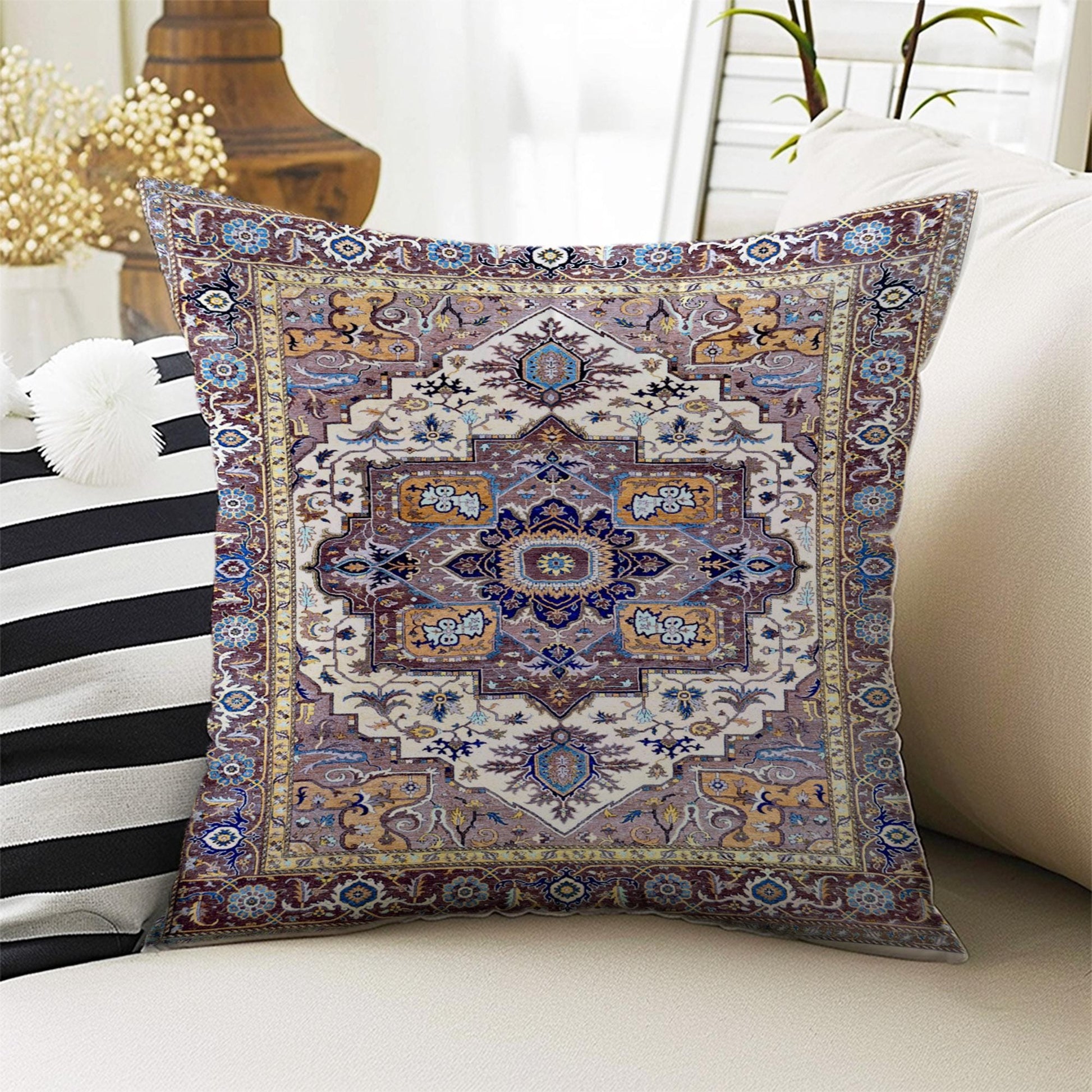 Rug Design Pillow Covers - Colorful Turkish Kilim Pattern Cushion Case, Ethnic Print Throw Pillow, Vintage Style Accent Pillow Covers
