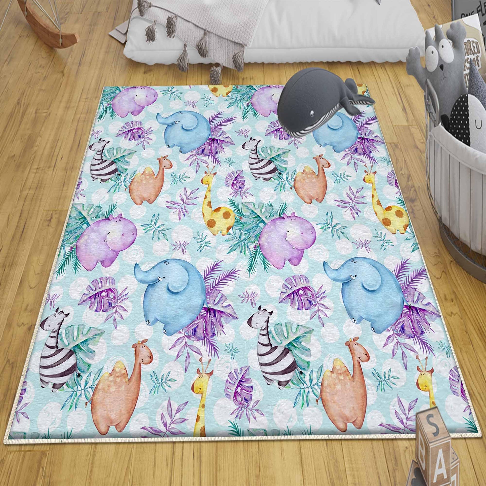Round Safari Giraffe Zebra Elephant Nursery Rug|Cute Animal Rug Gift For Kids|Baby Shower Rug|Baby Gift Nursery Decor with pillow case gift