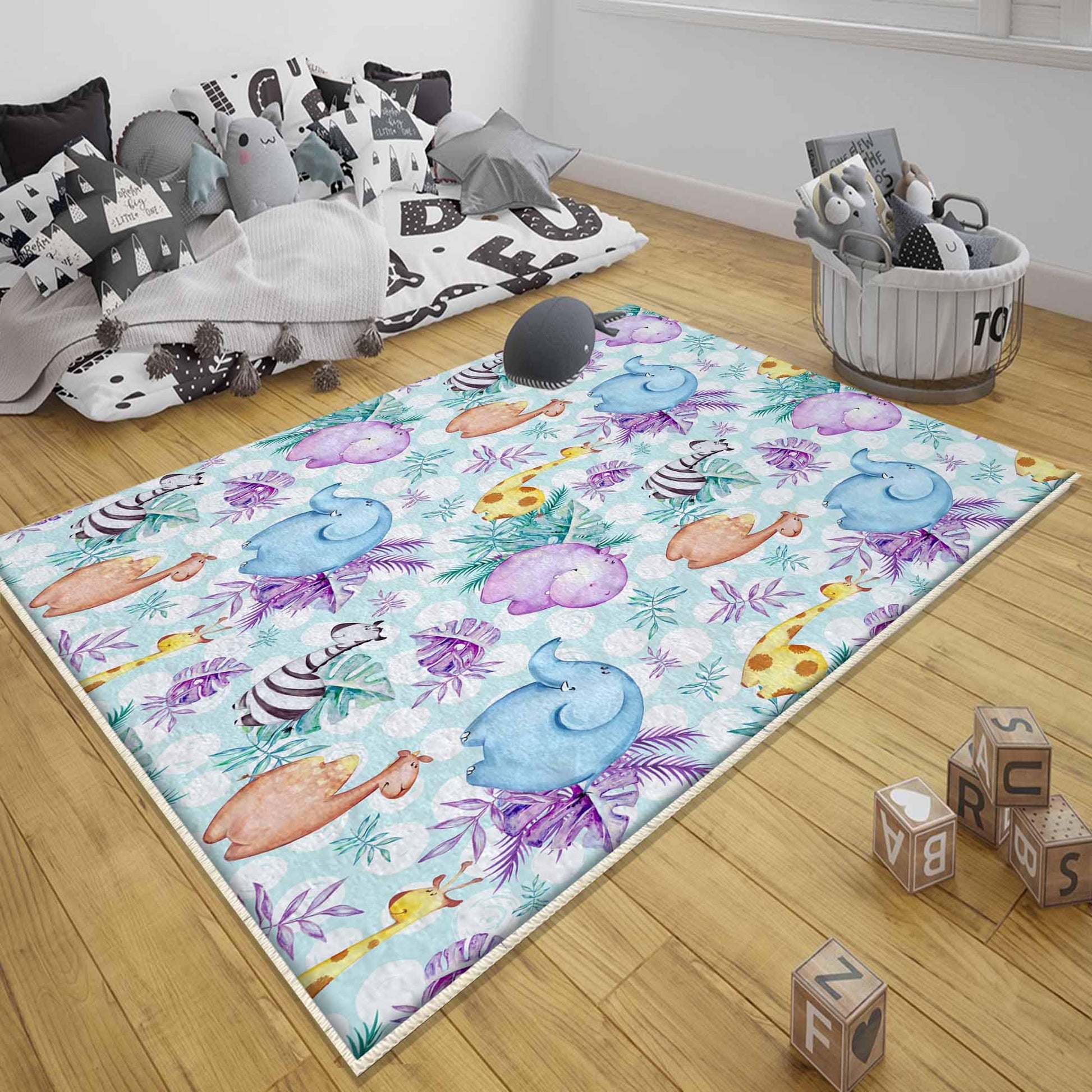 Round Safari Giraffe Zebra Elephant Nursery Rug|Cute Animal Rug Gift For Kids|Baby Shower Rug|Baby Gift Nursery Decor with pillow case gift