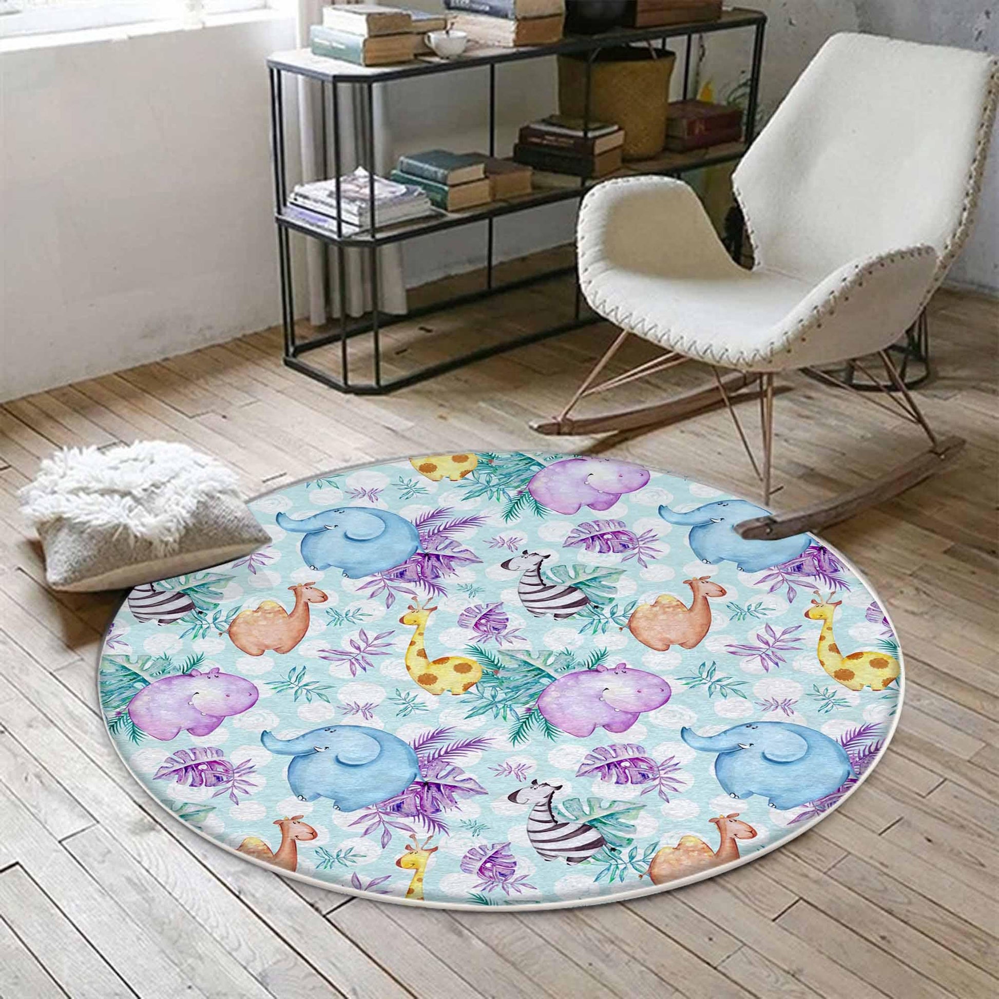 Round Safari Giraffe Zebra Elephant Nursery Rug|Cute Animal Rug Gift For Kids|Baby Shower Rug|Baby Gift Nursery Decor with pillow case gift
