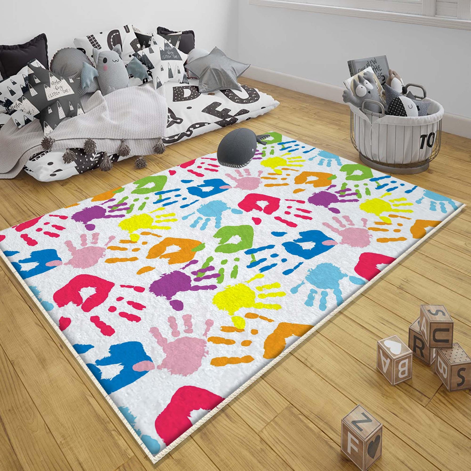 Round Colorful Hands Nursery Kids Room Rug, Cute Hands Rug Gift For Kids, Baby Kids Room Gift, Kids Room Decor with pillow case gift