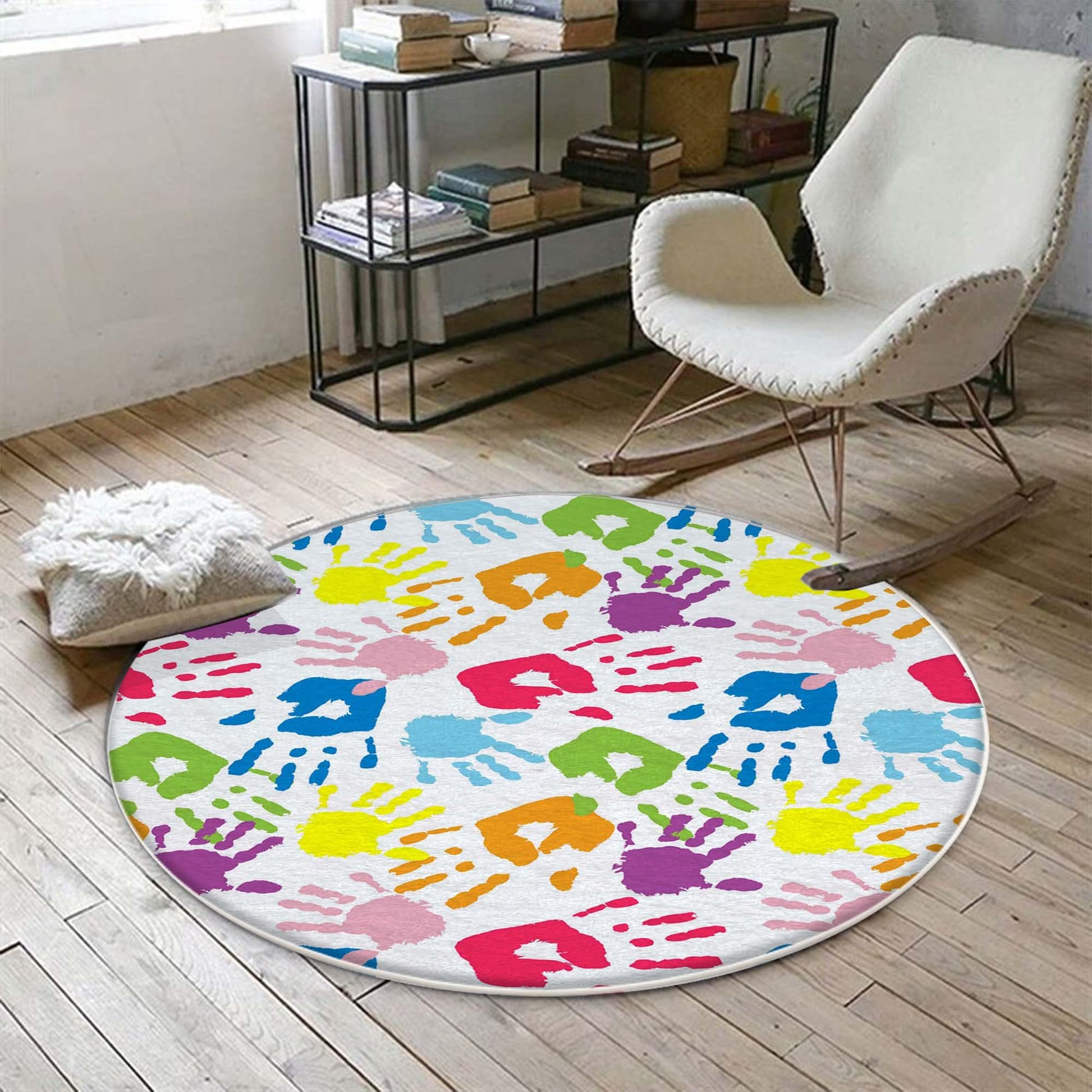 Round Colorful Hands Nursery Kids Room Rug, Cute Hands Rug Gift For Kids, Baby Kids Room Gift, Kids Room Decor with pillow case gift