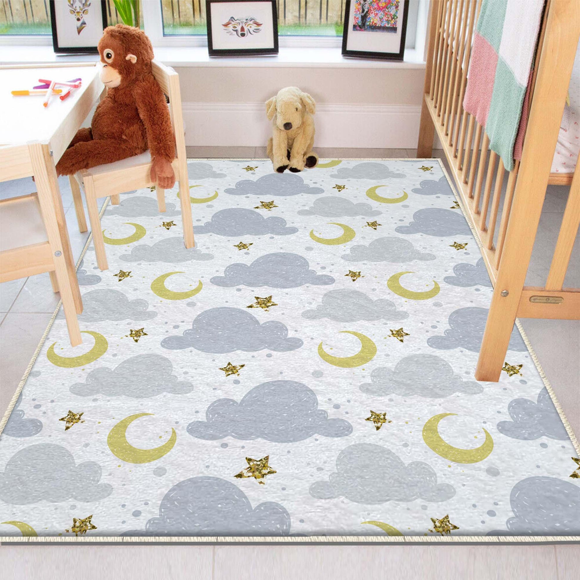Round Blue Clouds Moon Stars Nursery Kids Room Rug, Cute Rug Gift For Kids, Baby Kids Room Gift, Kids Room Decor with pillow case gift