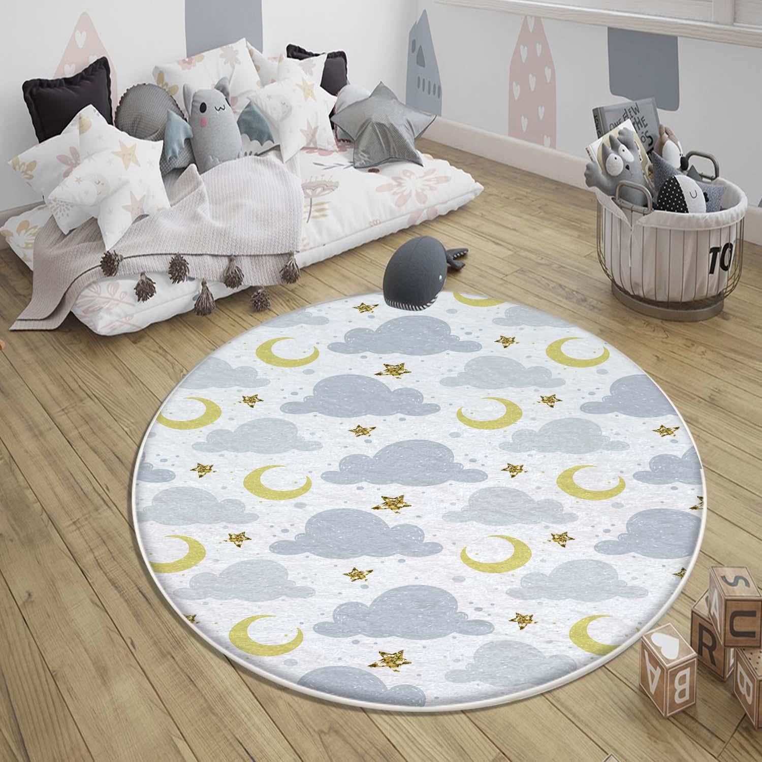 Round Blue Clouds Moon Stars Nursery Kids Room Rug, Cute Rug Gift For Kids, Baby Kids Room Gift, Kids Room Decor with pillow case gift