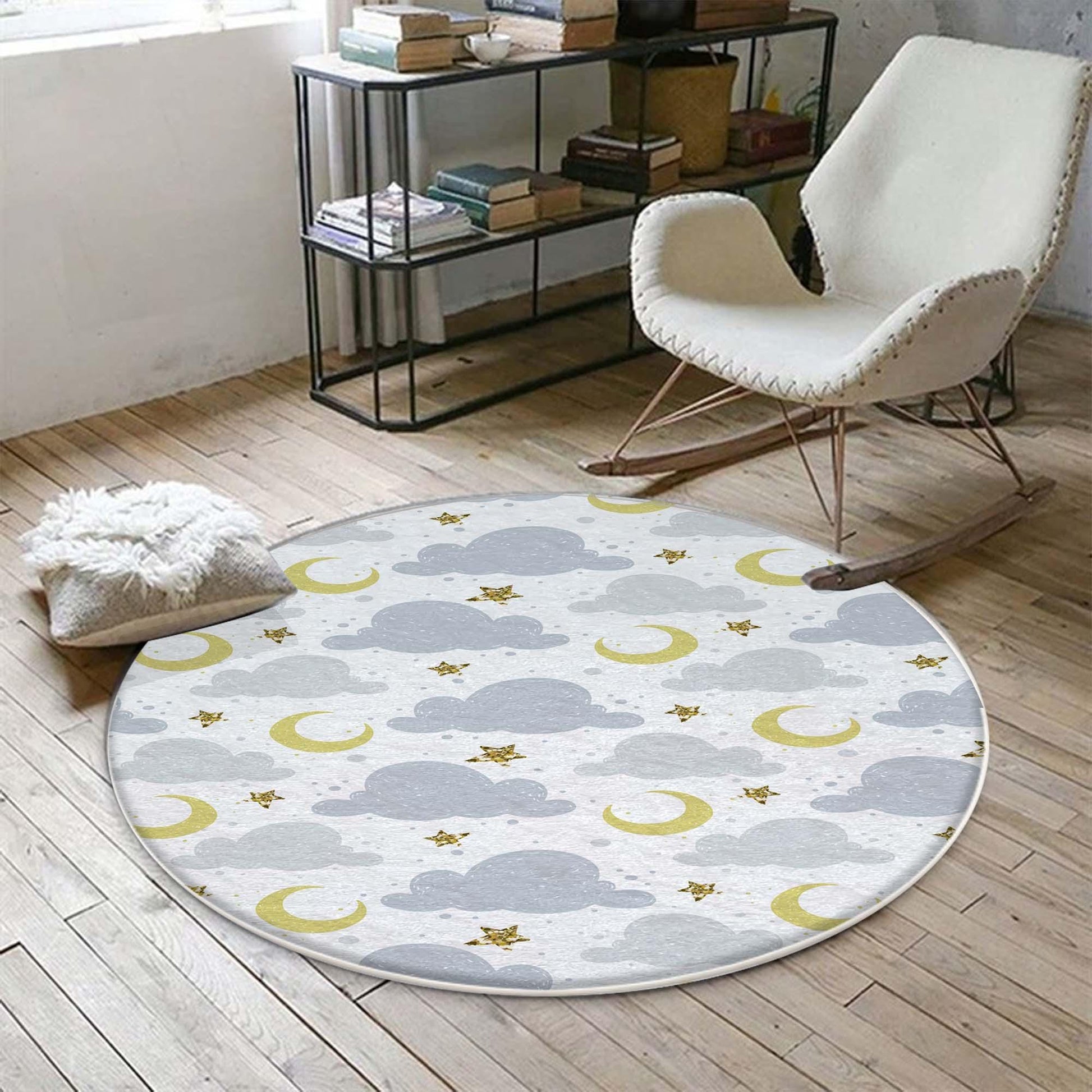 Round Blue Clouds Moon Stars Nursery Kids Room Rug, Cute Rug Gift For Kids, Baby Kids Room Gift, Kids Room Decor with pillow case gift