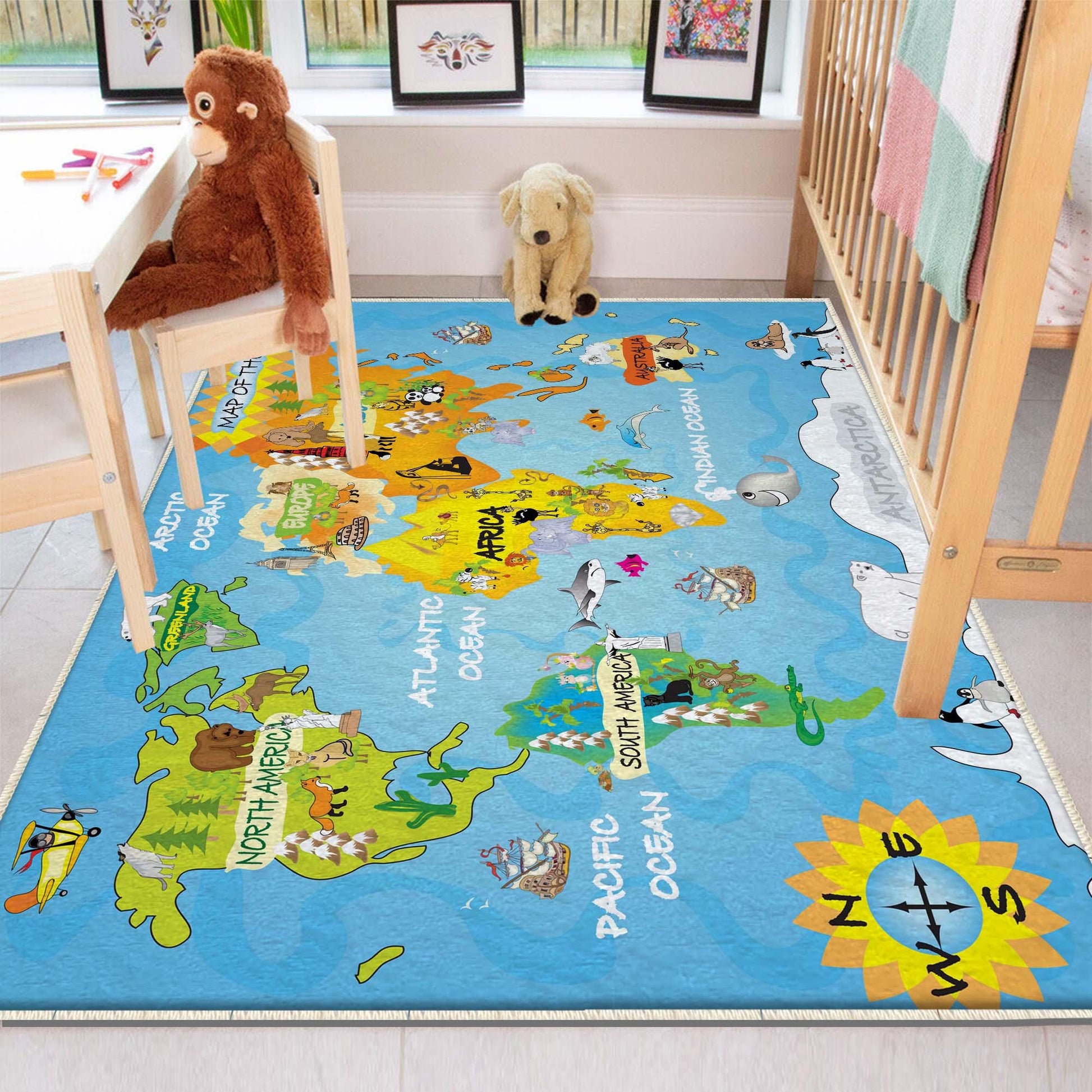 Round Earth World Map Nursery Kids Room Rug, Cute Educational Rug Gift For Kids, Baby Kids Room Gift, Kids Room Decor with pillow case gift