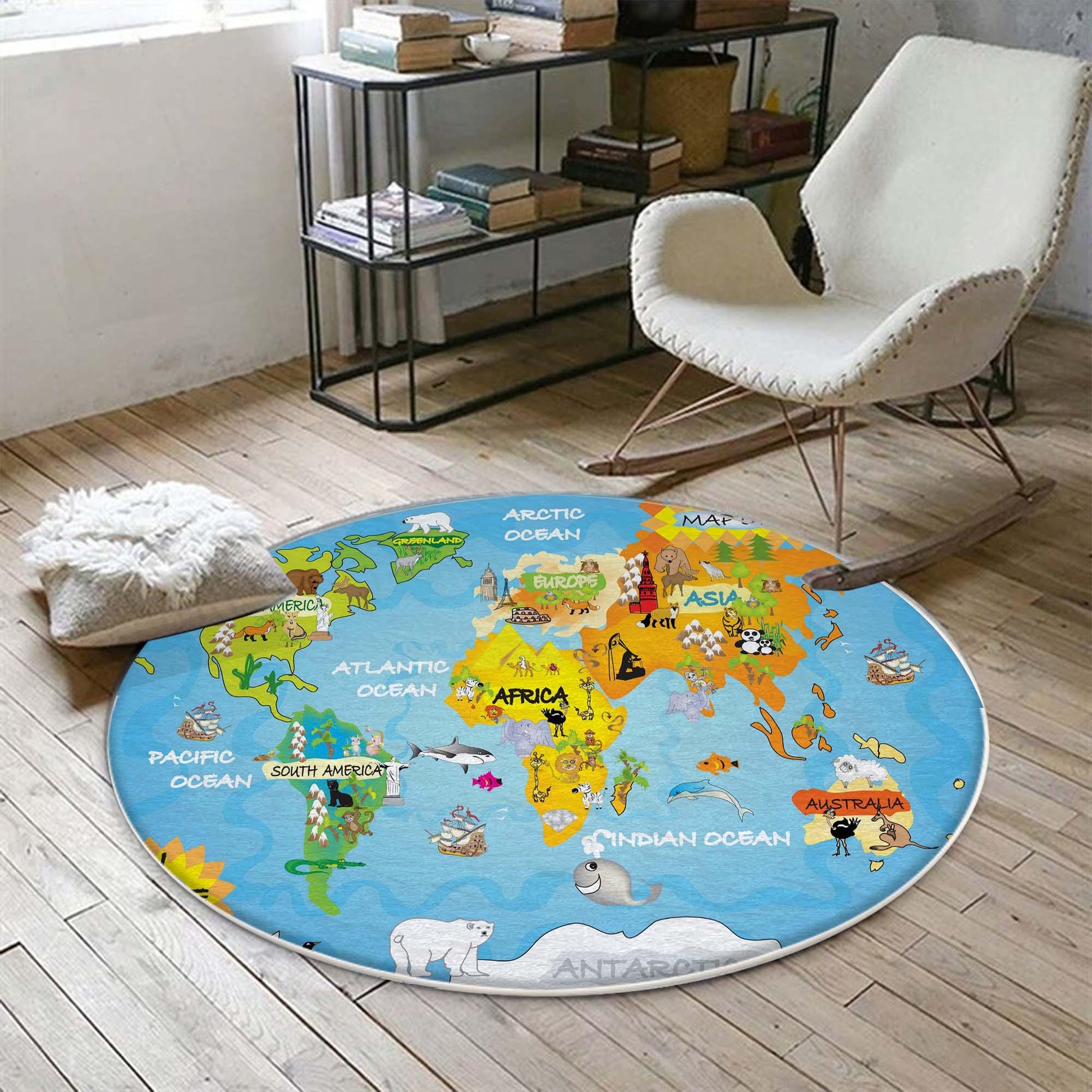 Round Earth World Map Nursery Kids Room Rug, Cute Educational Rug Gift For Kids, Baby Kids Room Gift, Kids Room Decor with pillow case gift