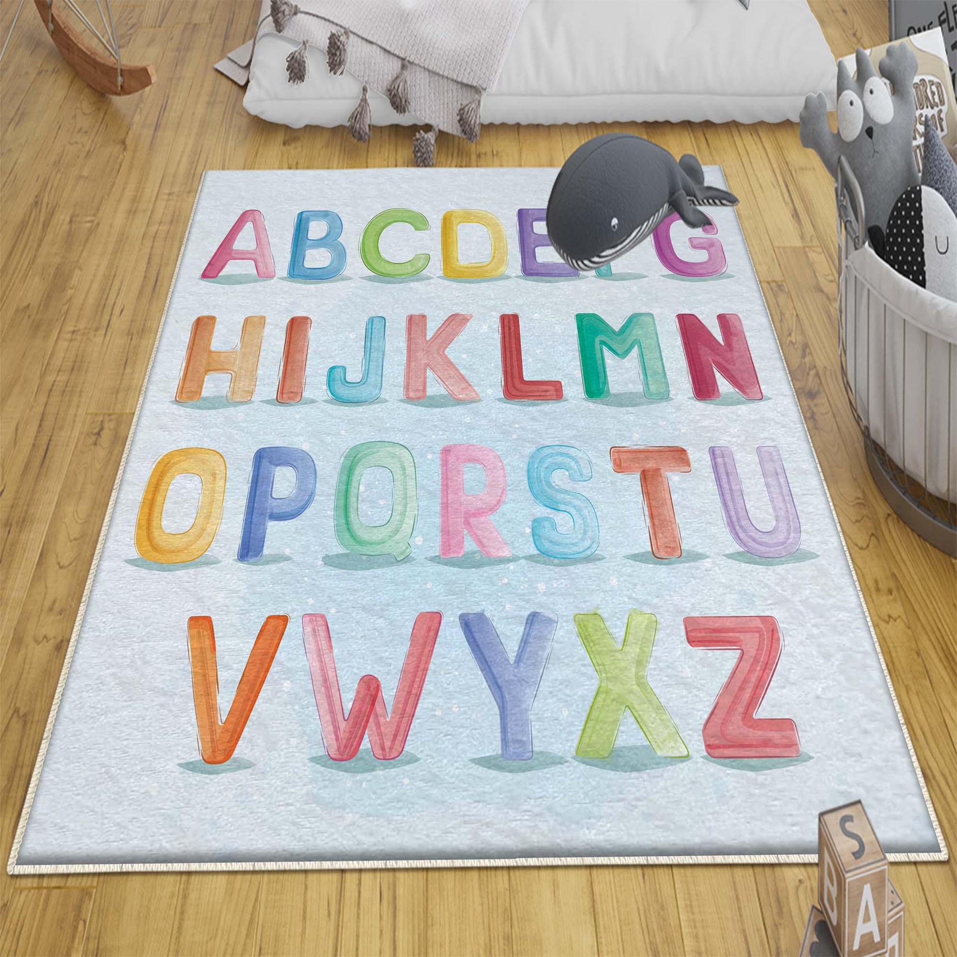 Round Alphabet Letters Nursery Kids Room Rug, Cute Educational Rug Gift For Kids, Baby Kids Room Gift, Kids Room Decor with pillow case gift
