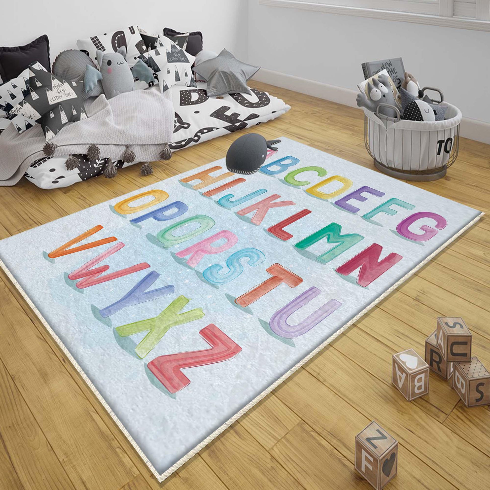 Round Alphabet Letters Nursery Kids Room Rug, Cute Educational Rug Gift For Kids, Baby Kids Room Gift, Kids Room Decor with pillow case gift