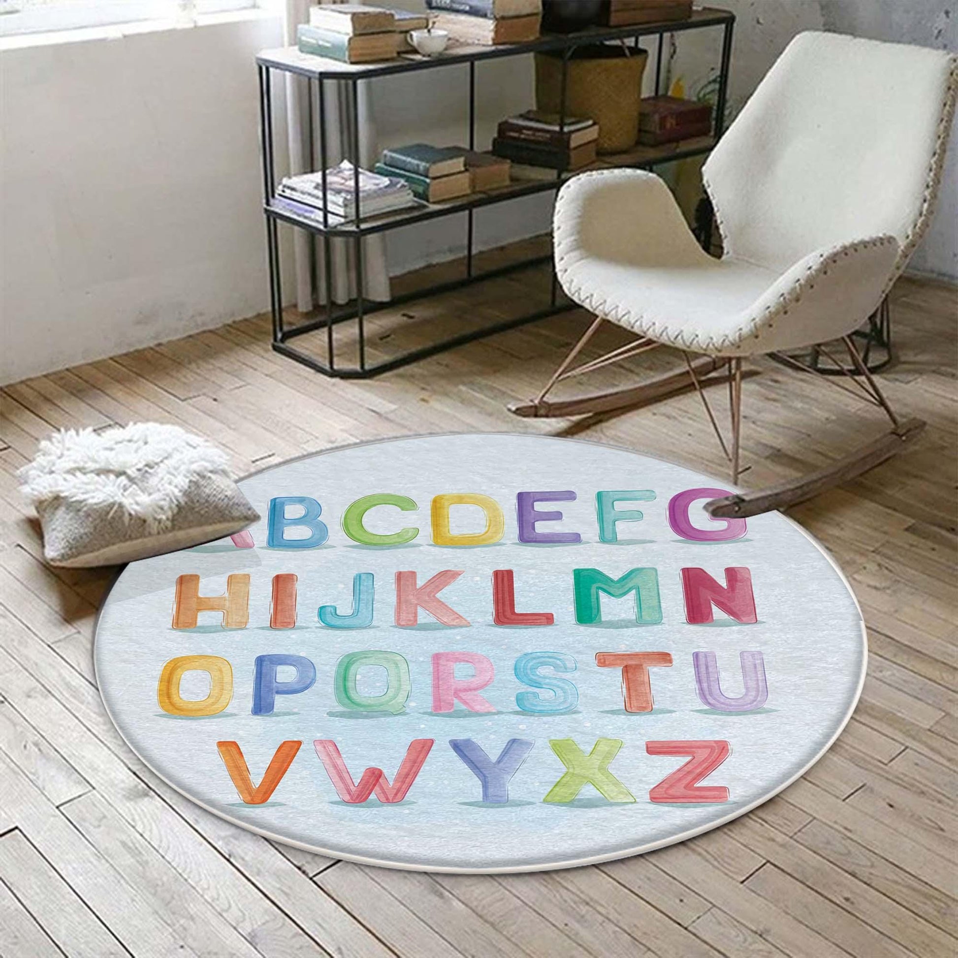 Round Alphabet Letters Nursery Kids Room Rug, Cute Educational Rug Gift For Kids, Baby Kids Room Gift, Kids Room Decor with pillow case gift