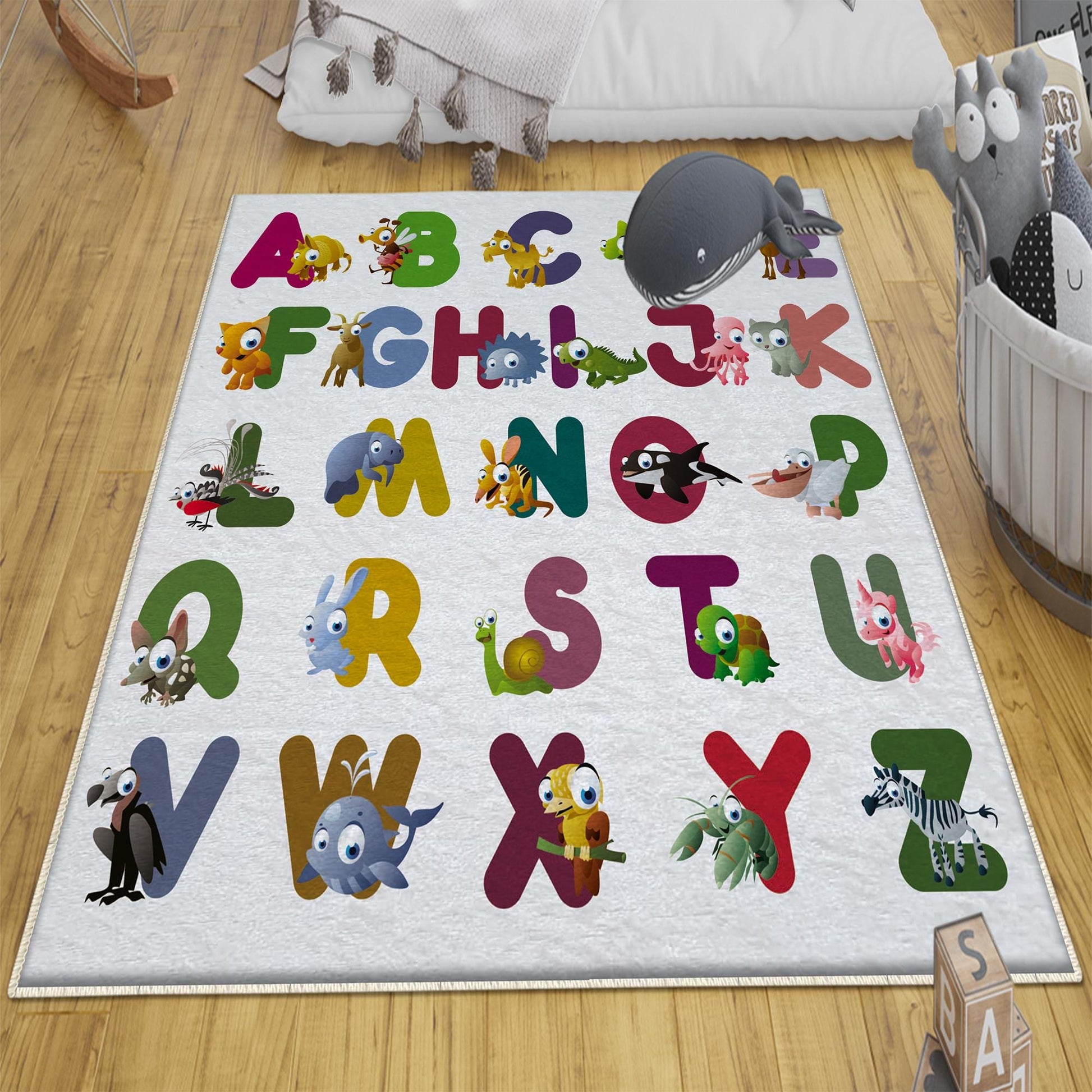 Round Alphabet Letters Animal Nursery Kids Room Rug, Cute Educational Rug Gift For Kid, Baby Kids Room Gift, Kids Room Decor with pillow case gift