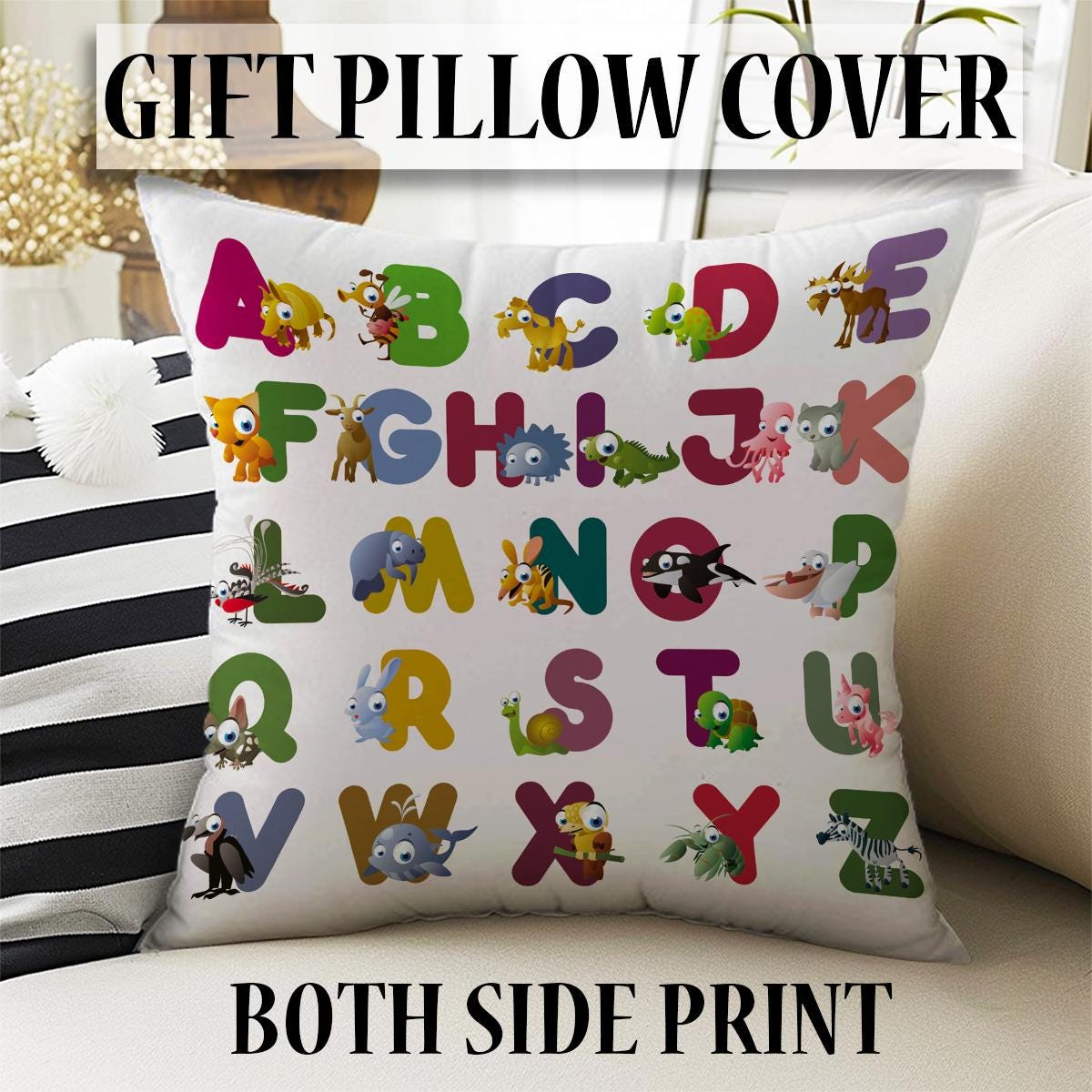 Round Alphabet Letters Animal Nursery Kids Room Rug, Cute Educational Rug Gift For Kid, Baby Kids Room Gift, Kids Room Decor with pillow case gift