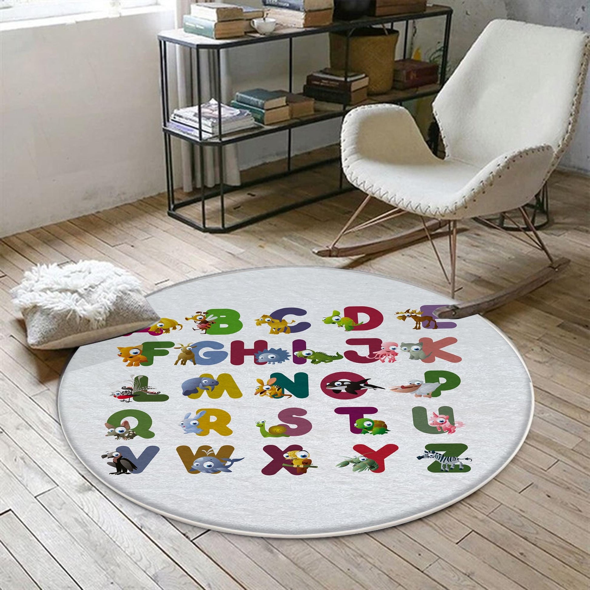 Round Alphabet Letters Animal Nursery Kids Room Rug, Cute Educational Rug Gift For Kid, Baby Kids Room Gift, Kids Room Decor with pillow case gift