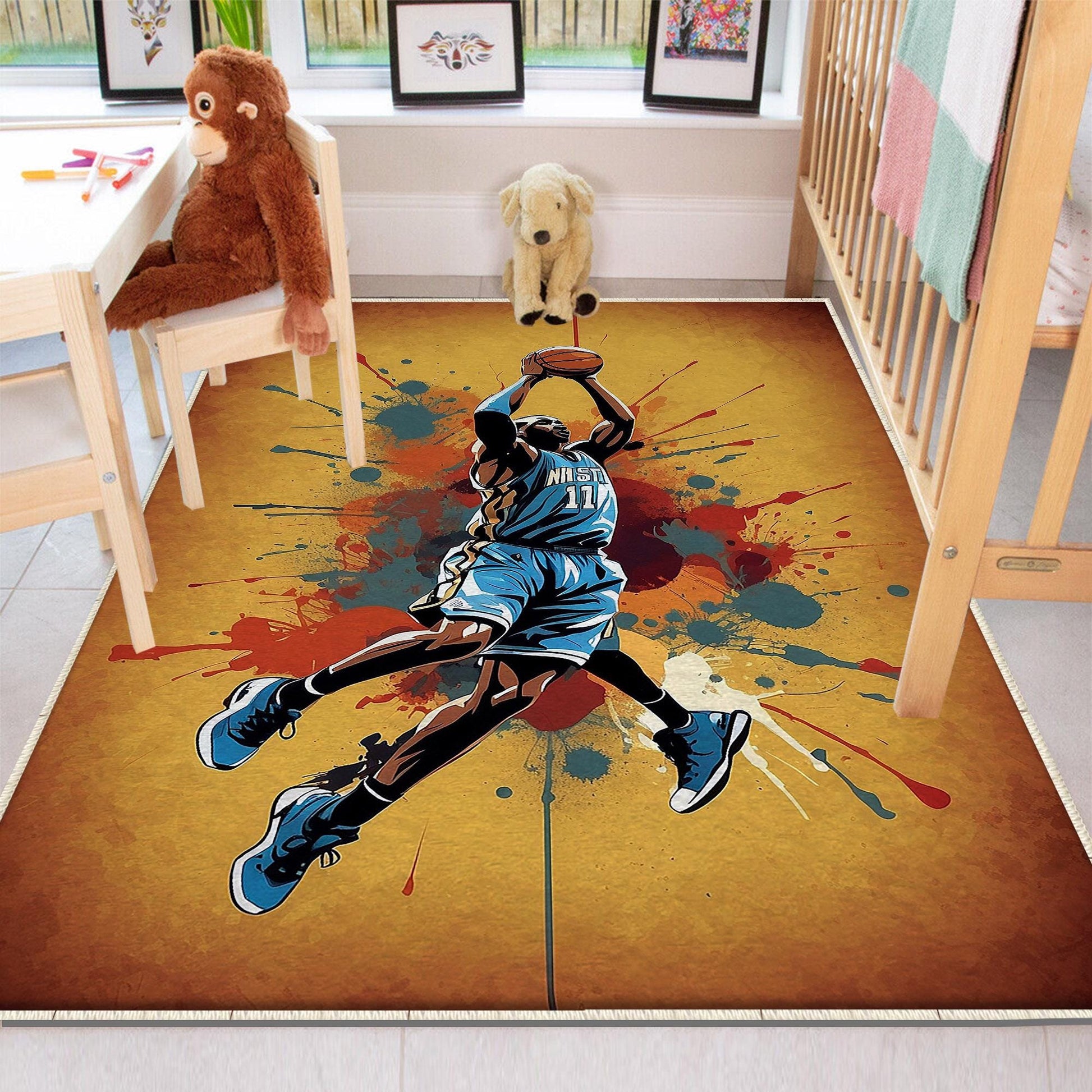 Round Basketball Player Nursery Kids Room Rug, Cute Play Rug Gift For Kid, Baby Kids Room Gift, Kids Room Decor with pillow case gift