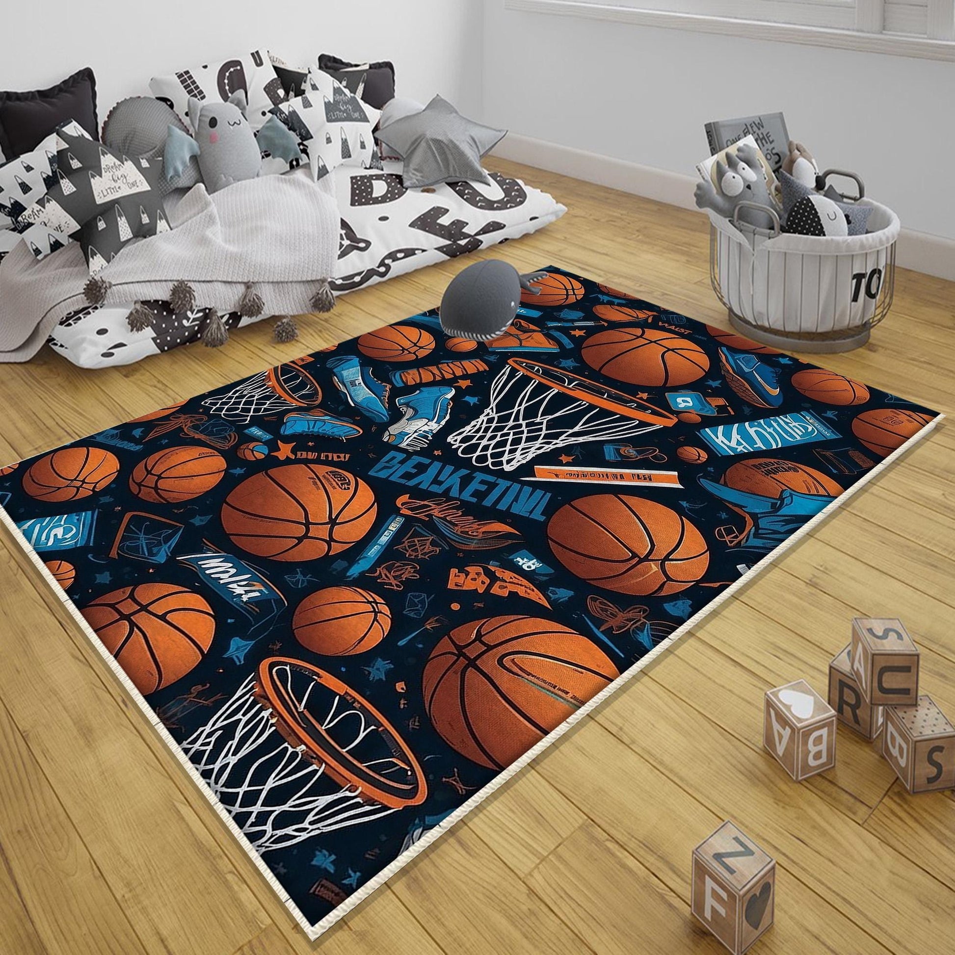 Round Basketball Balls Kids Play Room Rug, Cute Sport Rug Gift For Kid, Baby Kids Room Gift, Kids Room Decor with pillow case gift