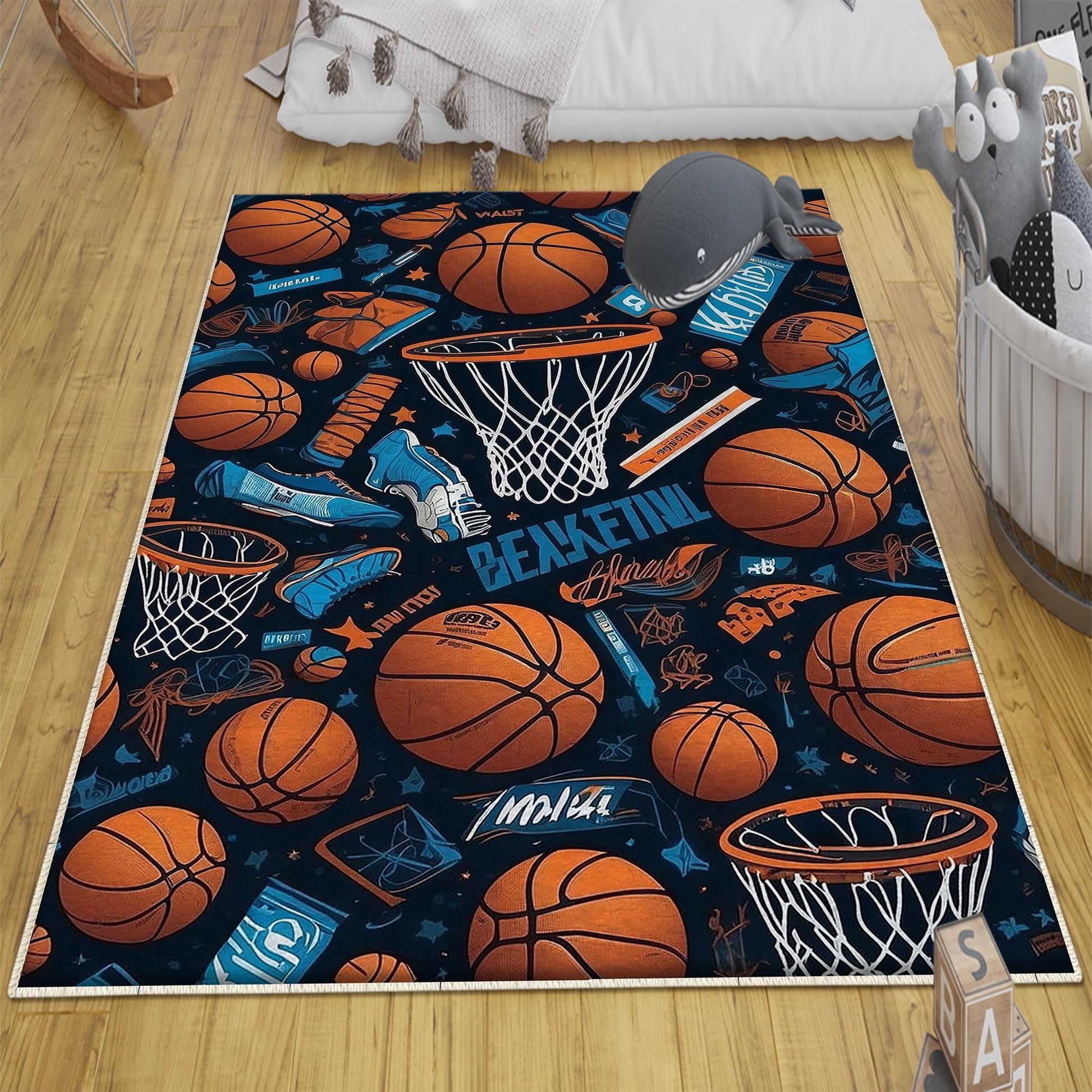 Round Basketball Balls Kids Play Room Rug, Cute Sport Rug Gift For Kid, Baby Kids Room Gift, Kids Room Decor with pillow case gift