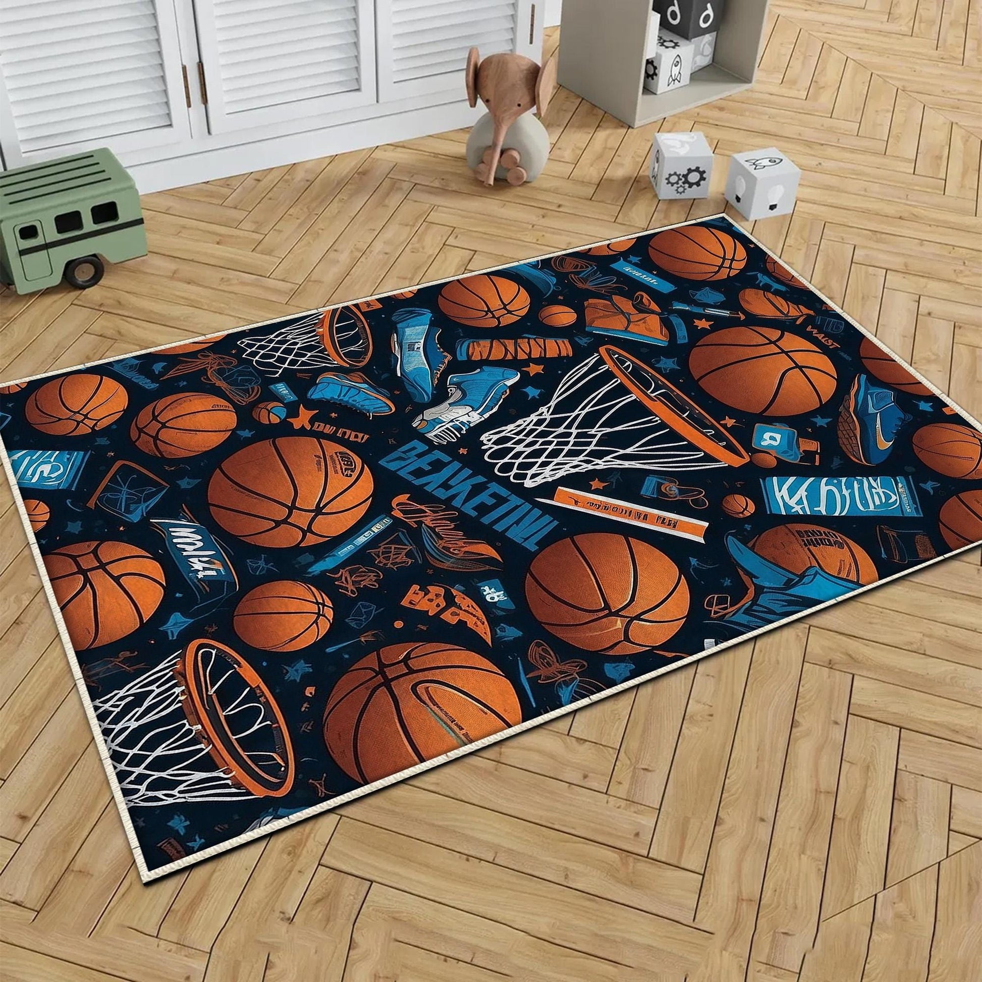 Round Basketball Balls Kids Play Room Rug, Cute Sport Rug Gift For Kid, Baby Kids Room Gift, Kids Room Decor with pillow case gift