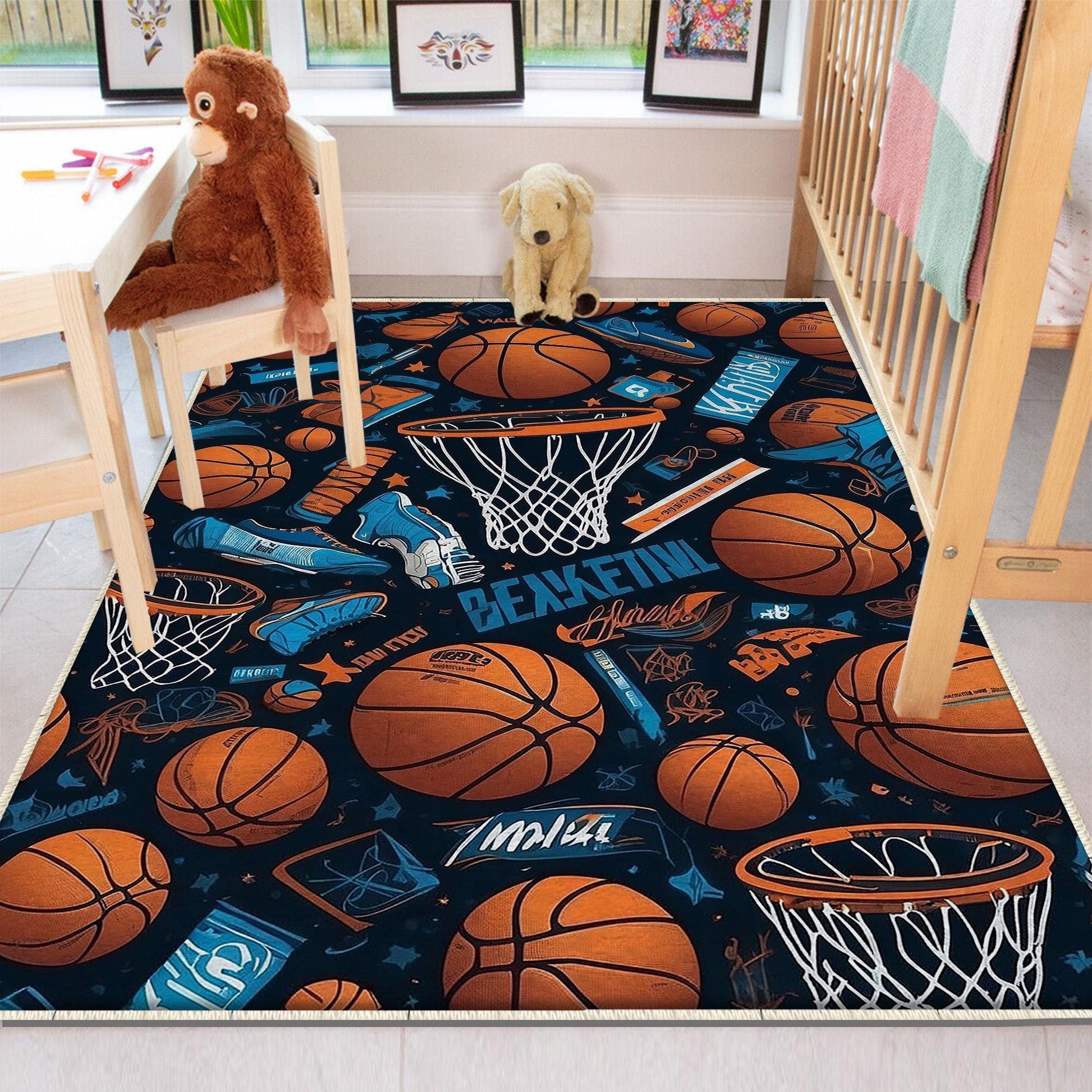 Round Basketball Balls Kids Play Room Rug, Cute Sport Rug Gift For Kid, Baby Kids Room Gift, Kids Room Decor with pillow case gift