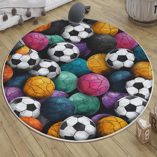 Round Colorful Football Balls Kids Play Room Rug, Cute Sport Rug Gift For Kid, Baby Kids Room Gift, Kids Room Decor with pillow case gift