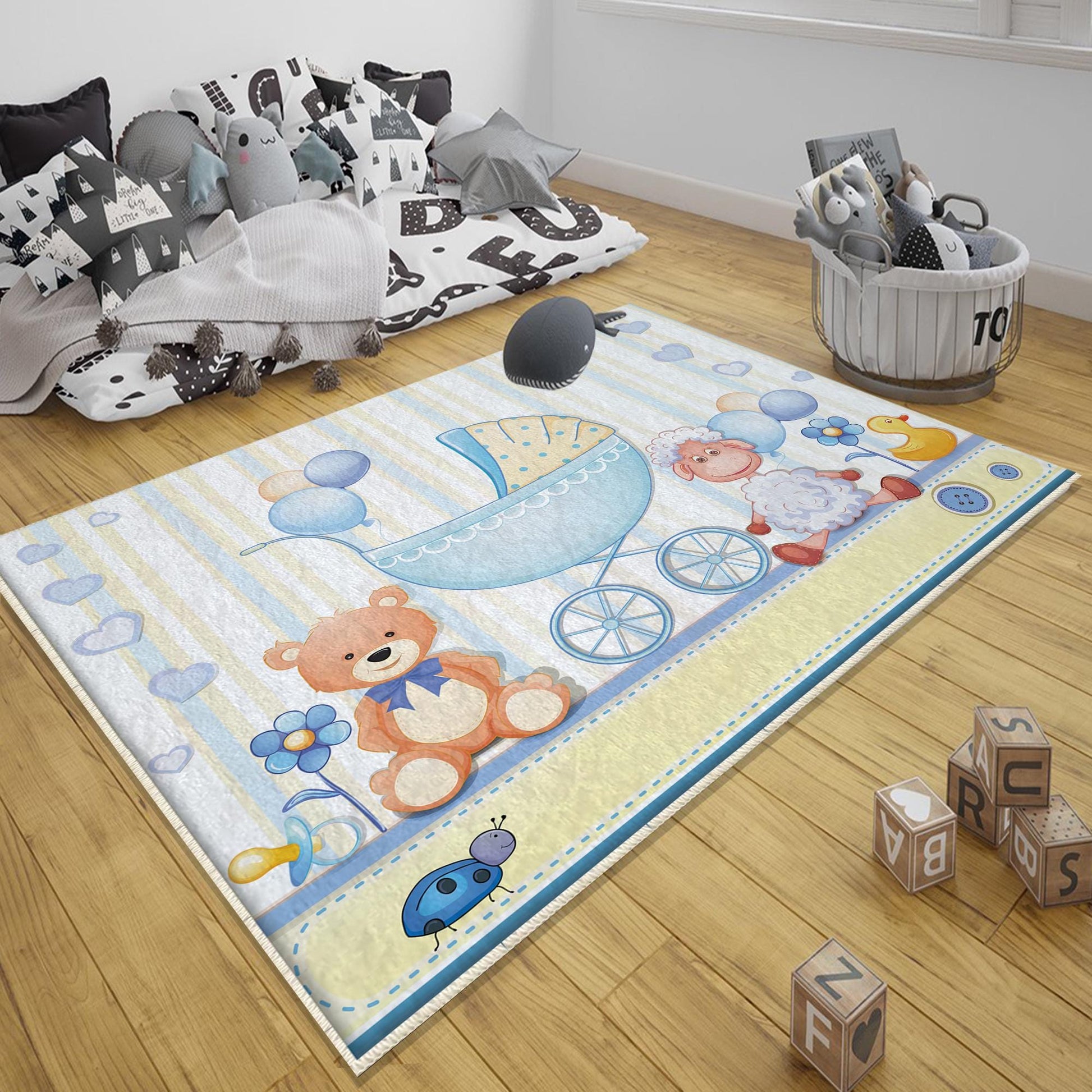 Round Blue Bear Lamb Nursery Room Rug, Cute Animal Rug Gift For Kid, Baby Shower Boy Kids Room Gift, Kids Room Decor with pillow case gift