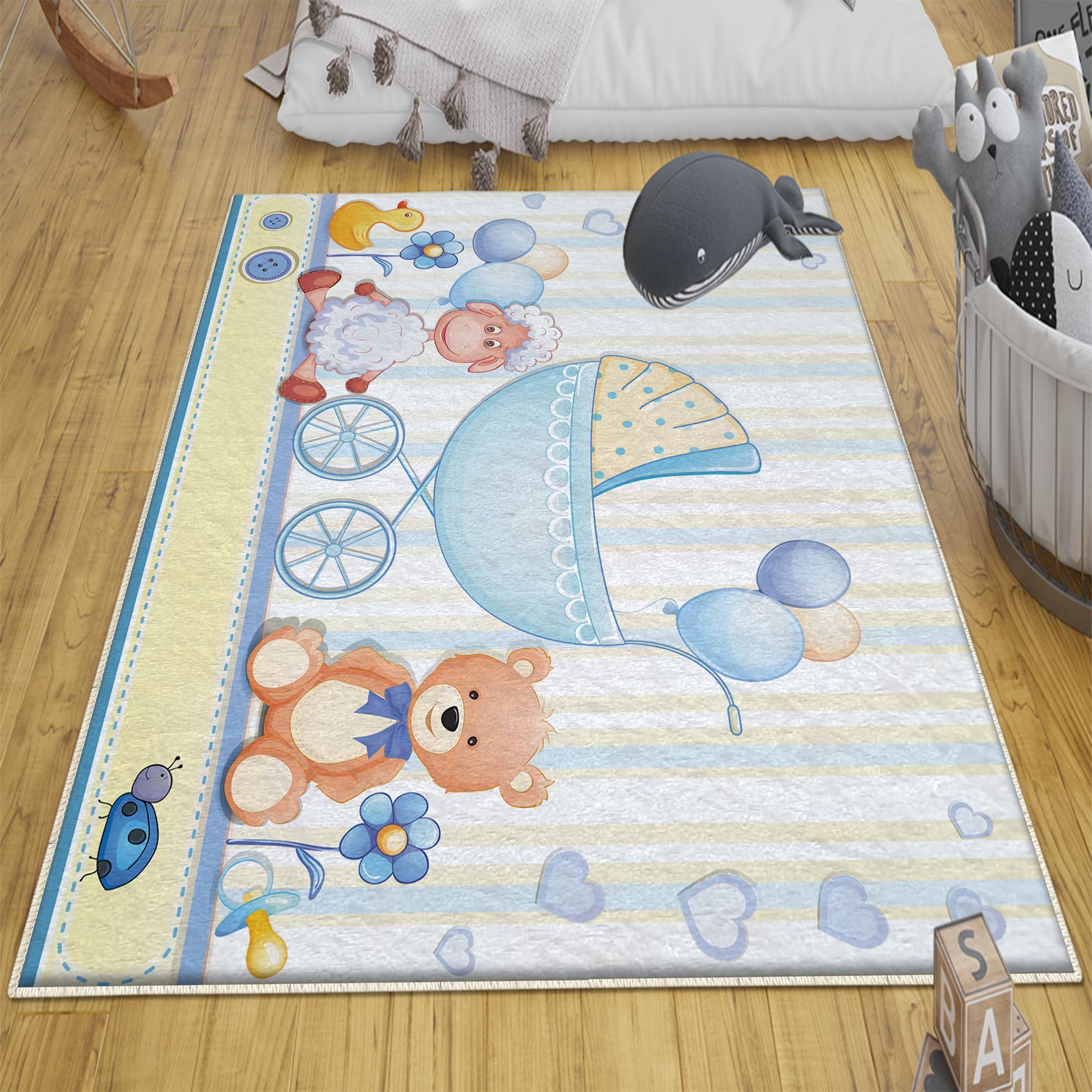 Round Blue Bear Lamb Nursery Room Rug, Cute Animal Rug Gift For Kid, Baby Shower Boy Kids Room Gift, Kids Room Decor with pillow case gift