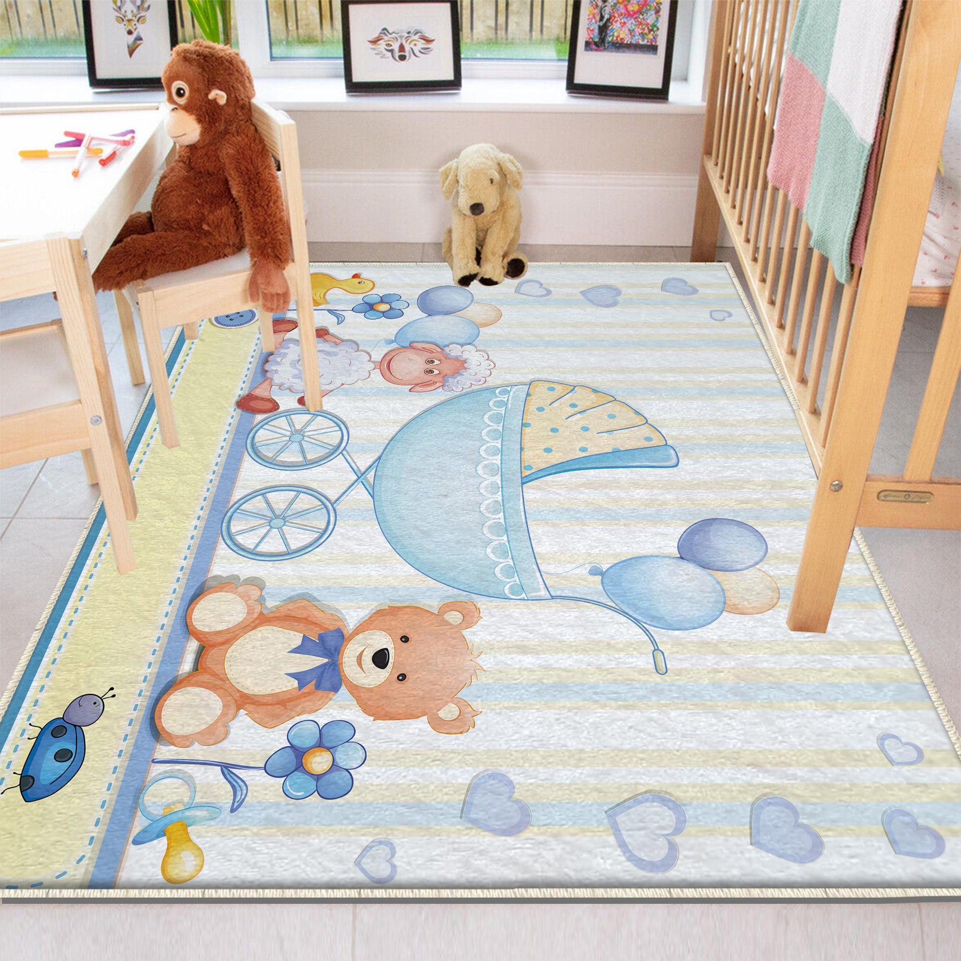 Round Blue Bear Lamb Nursery Room Rug, Cute Animal Rug Gift For Kid, Baby Shower Boy Kids Room Gift, Kids Room Decor with pillow case gift
