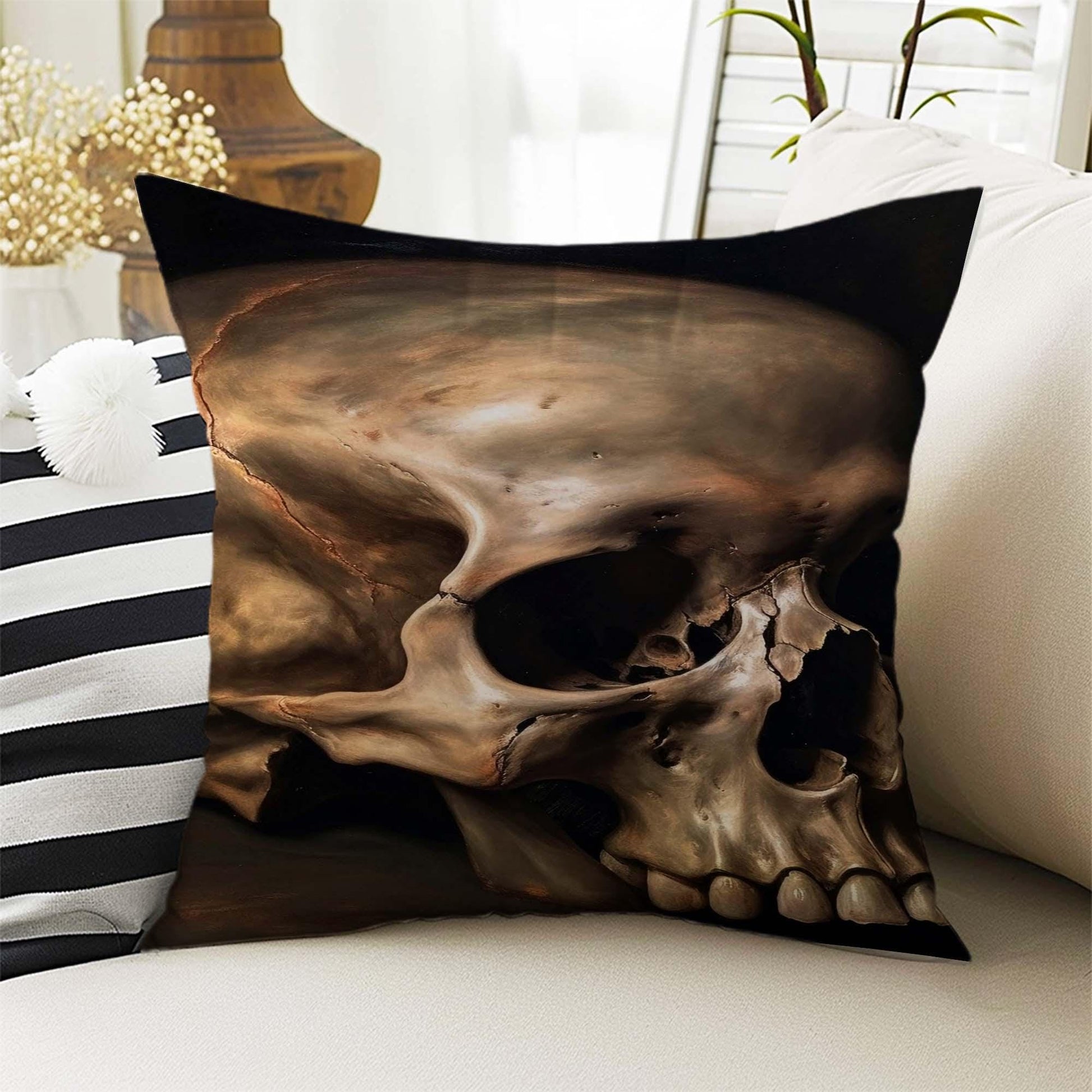 Dark Academia Pillow Cover, Gothic Skull Cushion, Goth Skeleton Decorative Throw Pillowcase, Moody Home Decor Accent