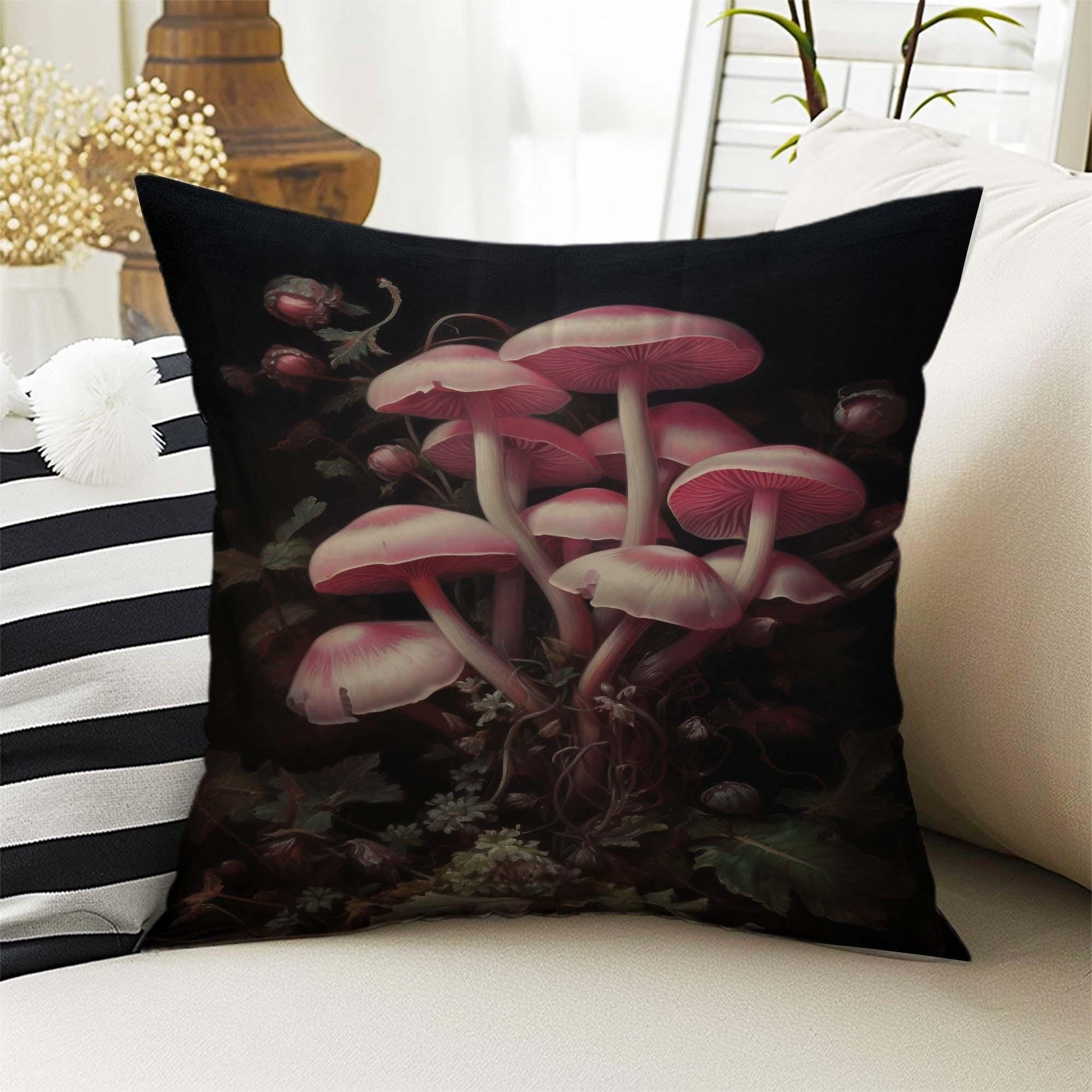 Dark Academia Pillow Cover, Gothic Mushroom Cushion, Goth Magic Decorative Throw Pillowcase, Moody Home Decor Accent