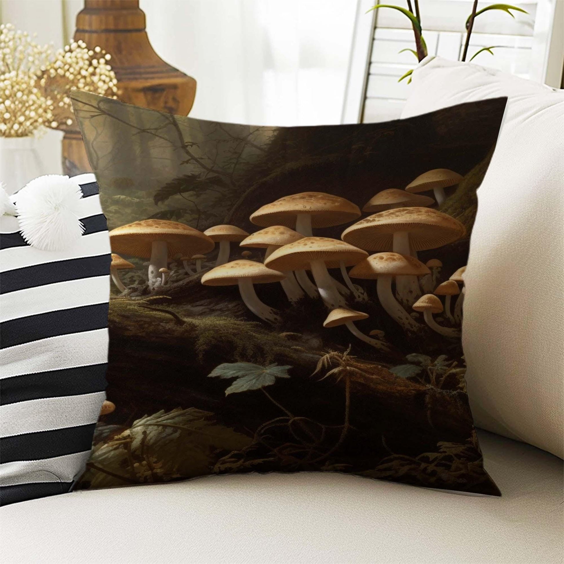 Dark Academia Pillow Cover, Gothic Mushroom Cushion, Goth Magic Decorative Throw Pillowcase, Moody Home Decor Accent
