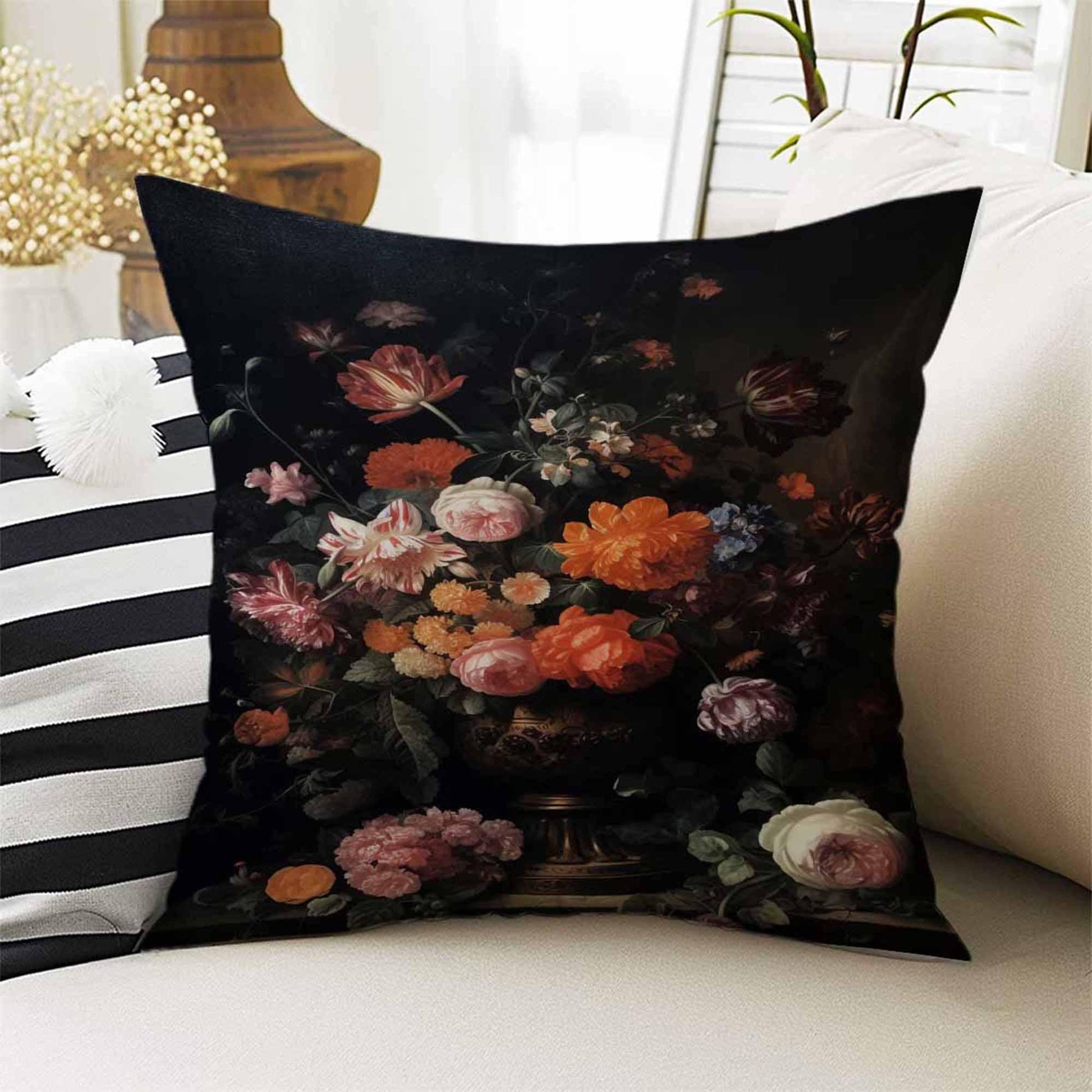 Dark Academia Moody Pillow Cover, Victorian Flowers Cushion, Decorative Throw Pillowcase, Dark Cottagecore Floral Home Decor